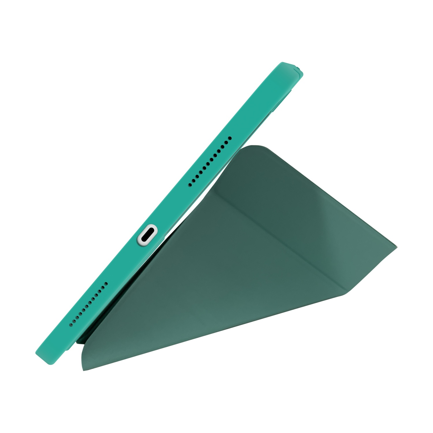 Un tablet turchese è appoggiato su un supporto verde scuro.