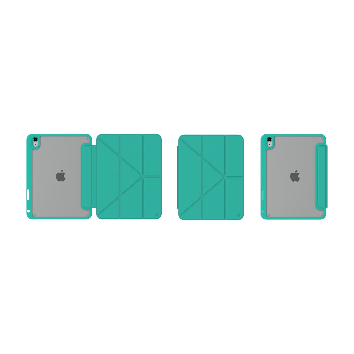 Quattro viste di una custodia per iPad color verde acqua con copertina piegata su sfondo bianco.