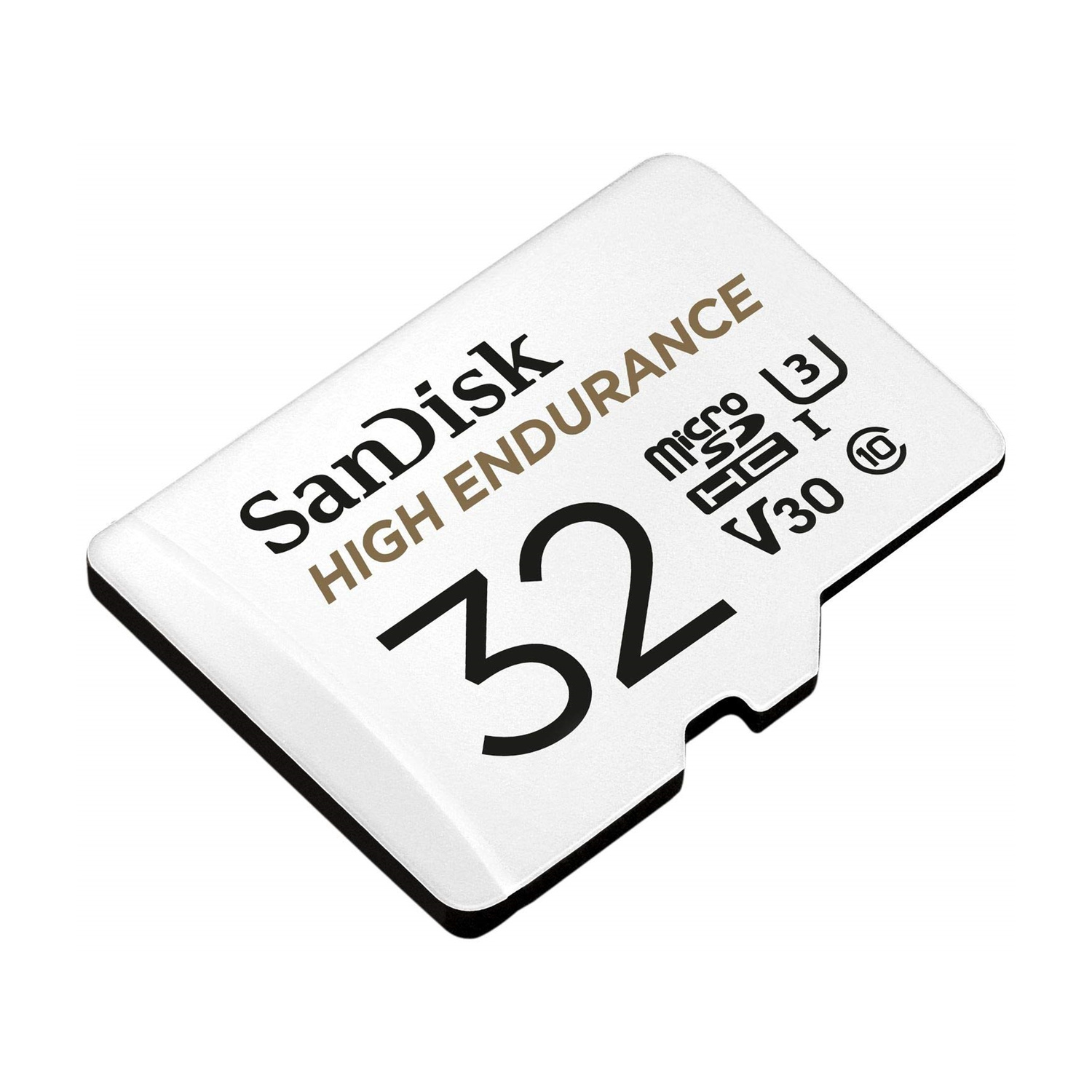 Scheda MicroSD SanDisk bianca da 32GB con etichette HIGH ENDURANCE e V30.