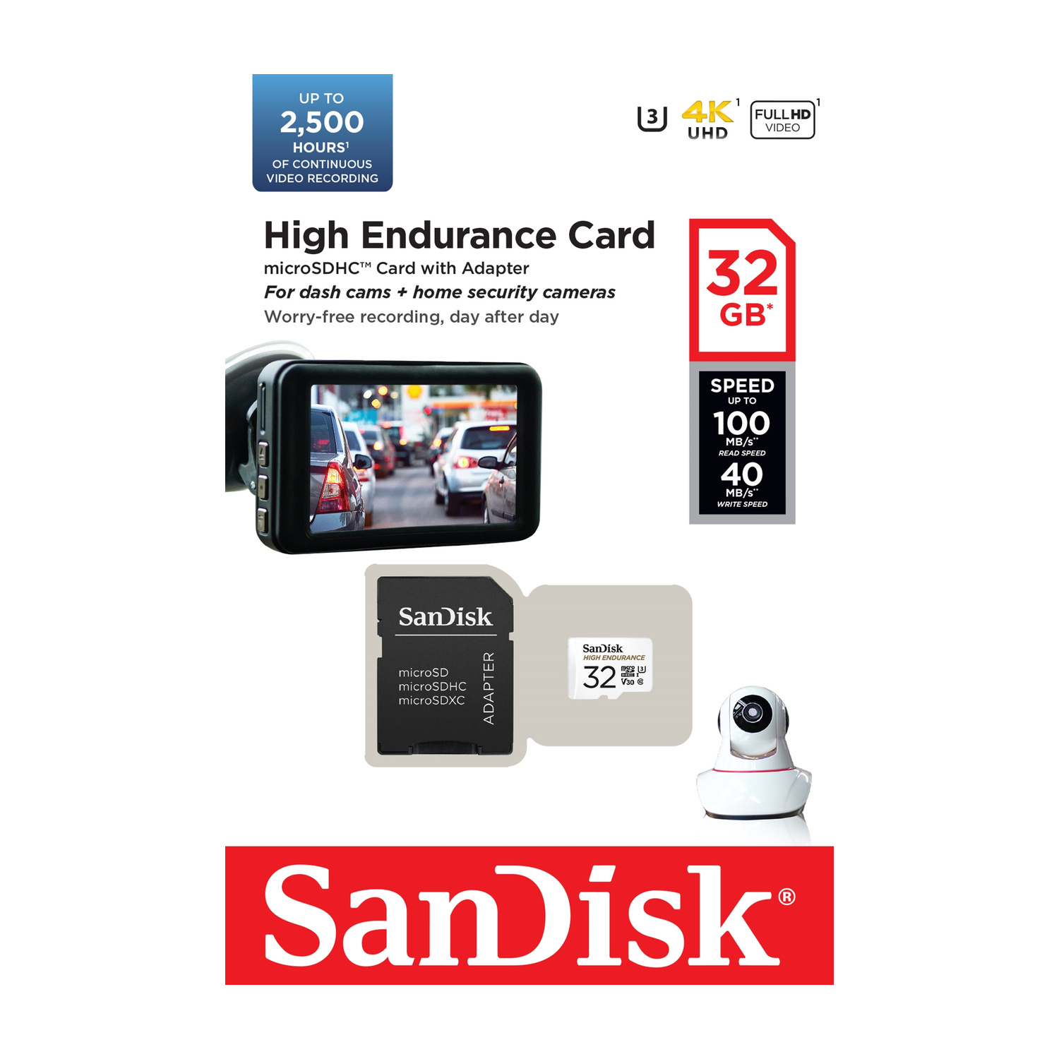 Scheda SanDisk High Endurance 32GB microSD con adattatore, dashcam e telecamera sicurezza.