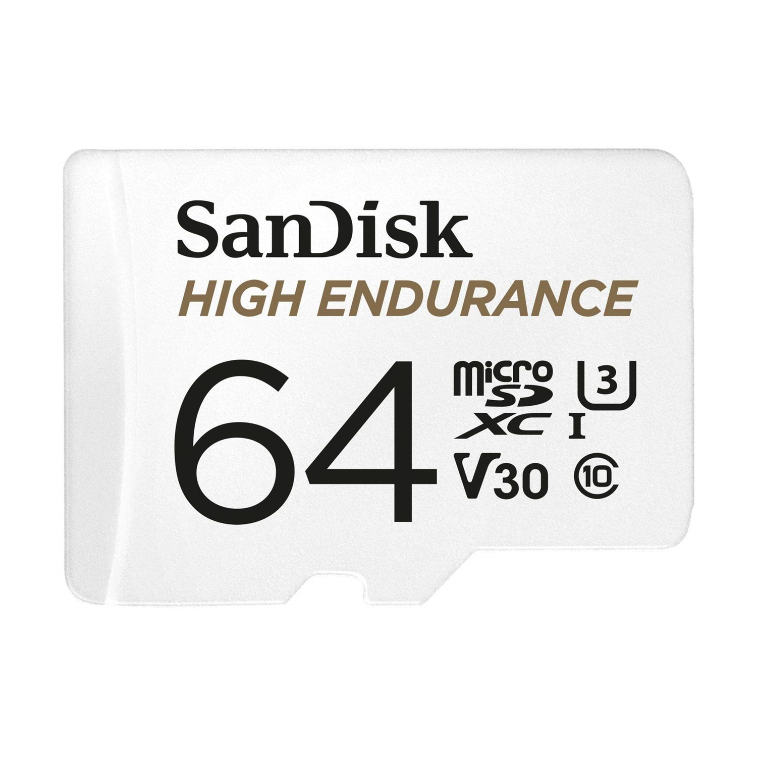 Scheda SanDisk MicroSDXC bianca da 64GB con marchi HIGH ENDURANCE, V30 e Classe 10.