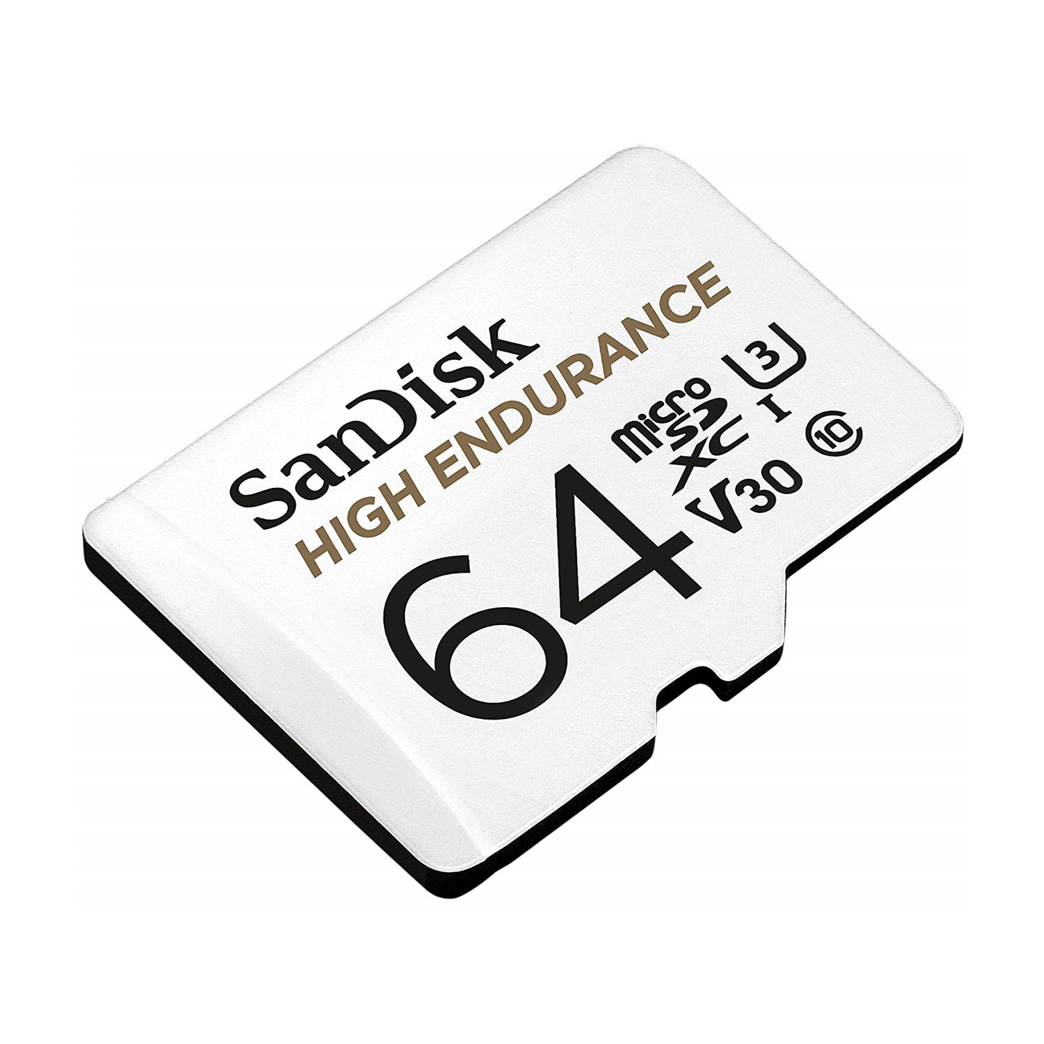 Una scheda SanDisk MicroSD bianca da 64 GB con testo "HIGH ENDURANCE".