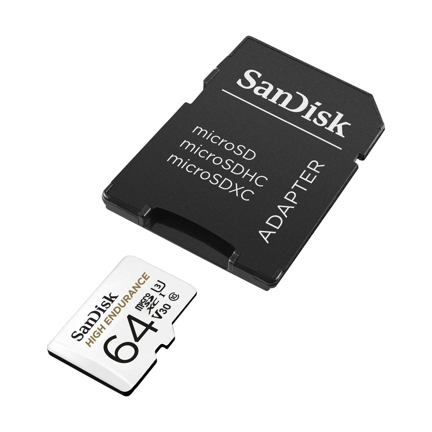 Un adattatore SanDisk nero e una scheda microSD da 64 GB bianca su sfondo bianco.