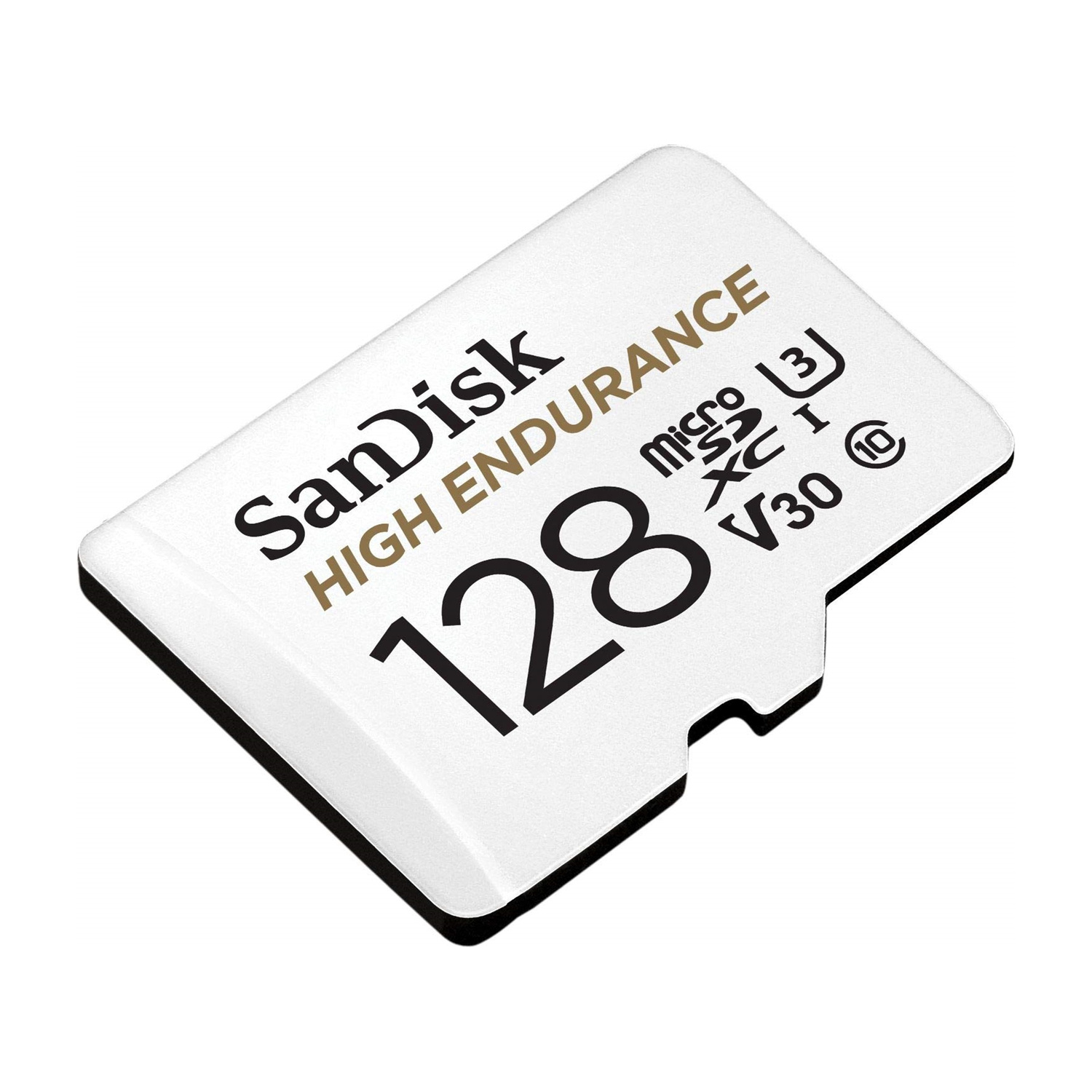Scheda SanDisk 128GB MicroSDXC con V30 e alta resistenza.