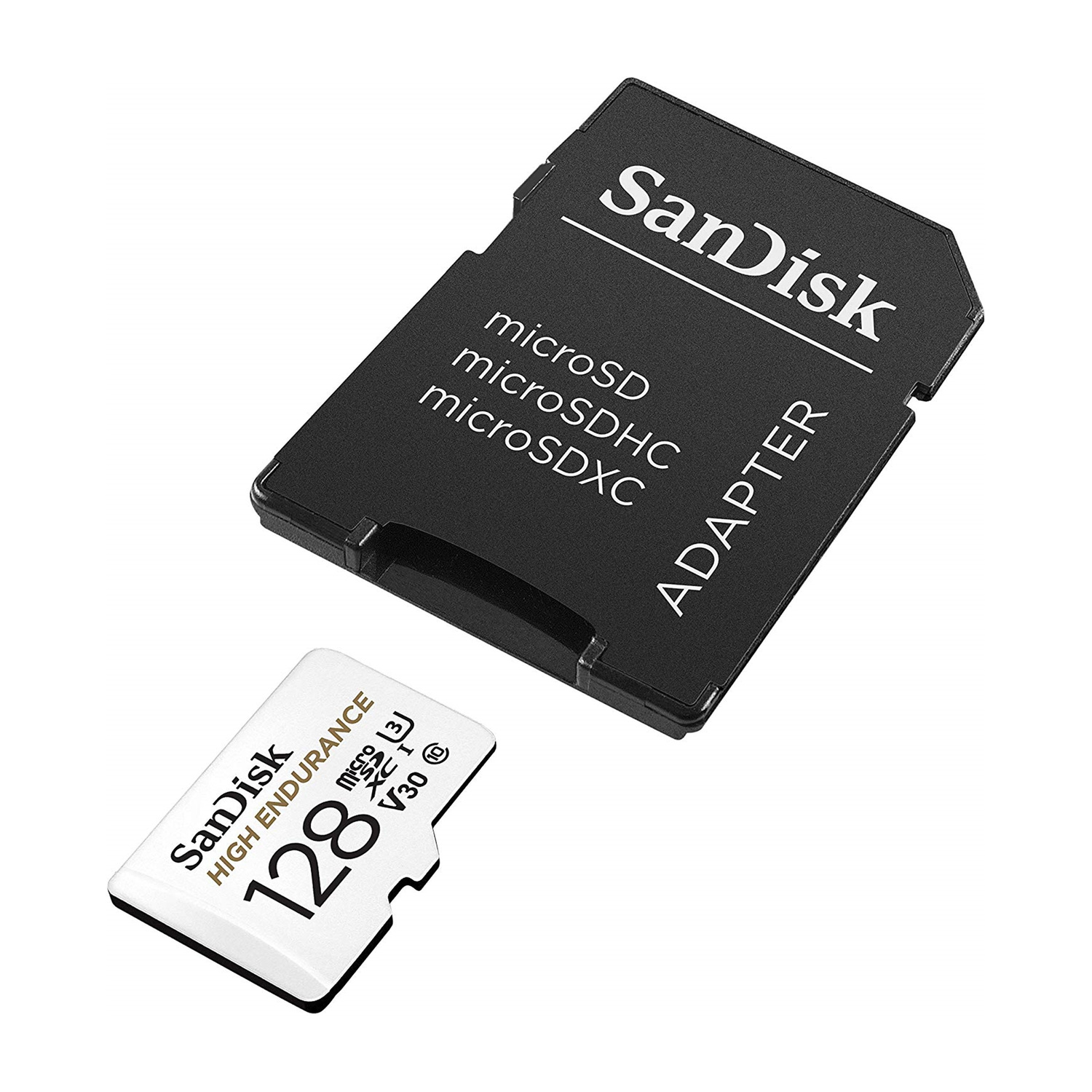 Una scheda microSD bianca da 128 GB e un adattatore nero accanto.