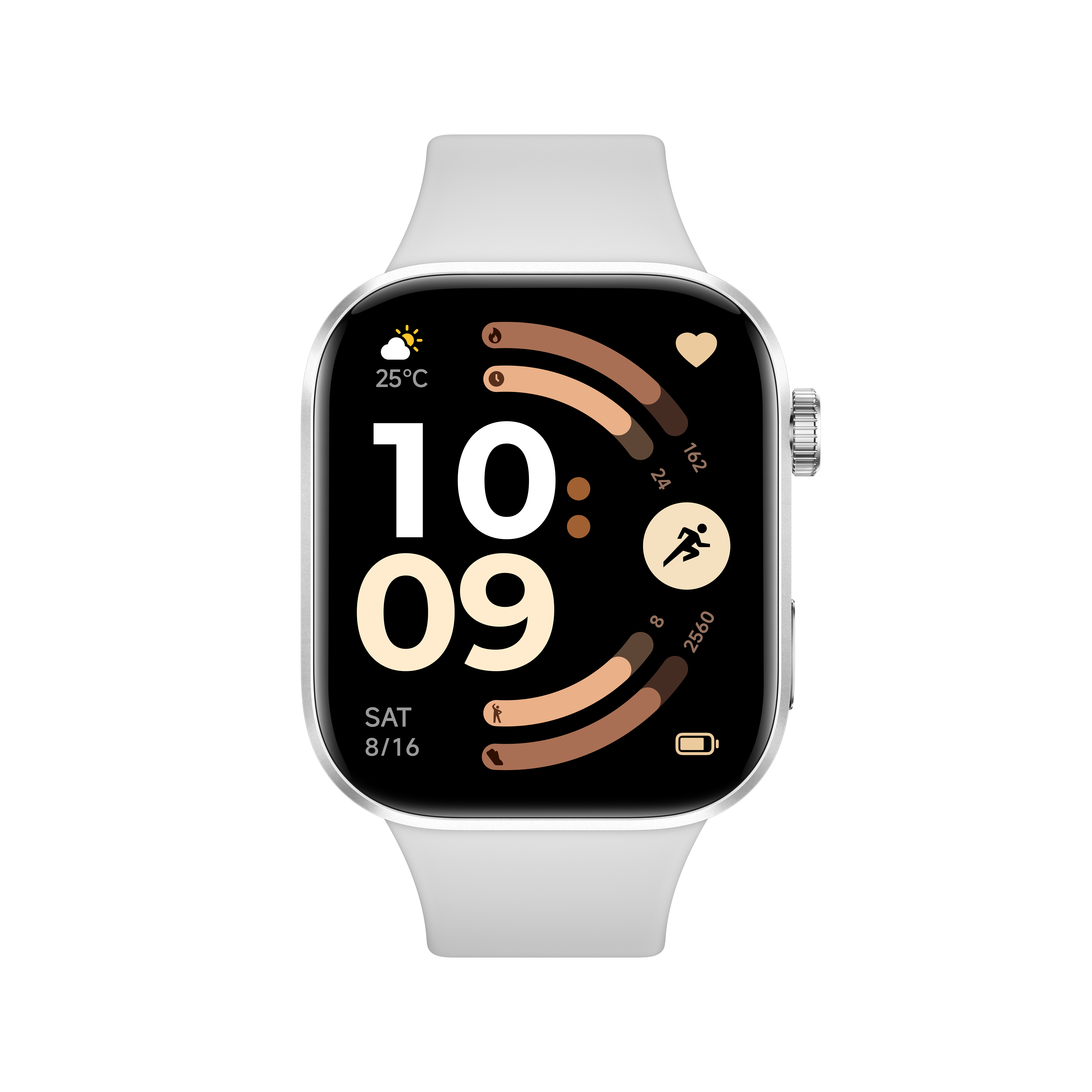 Weiße Smartwatch mit schwarzem Zifferblatt, zeigt 10:09 Uhr, 25°C, Wetter und Aktivitätsdaten.