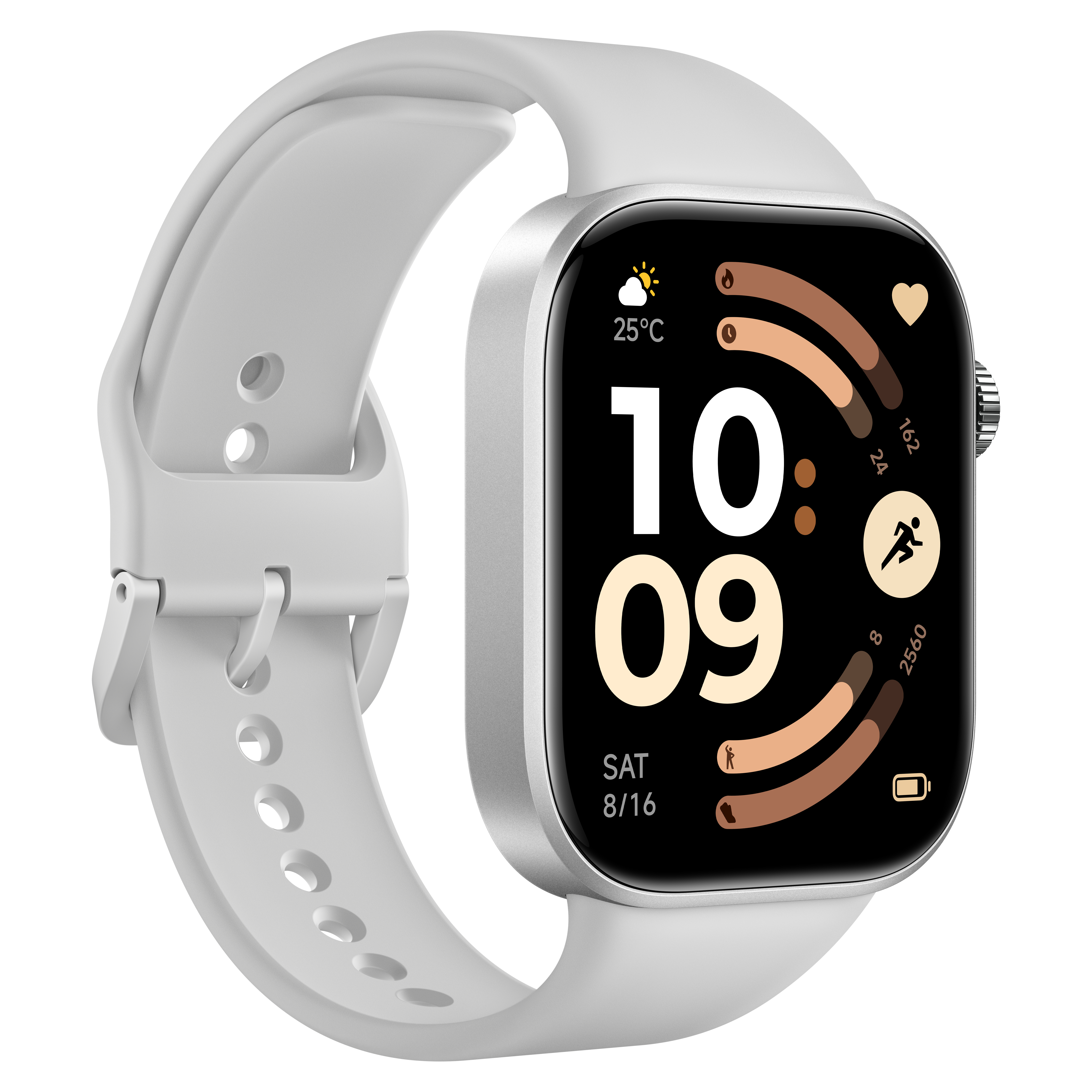 Eine weiße Smartwatch mit silbernem Gehäuse und einem Zifferblatt, das 25°C, 10:09 Uhr und Aktivitätsdaten anzeigt.