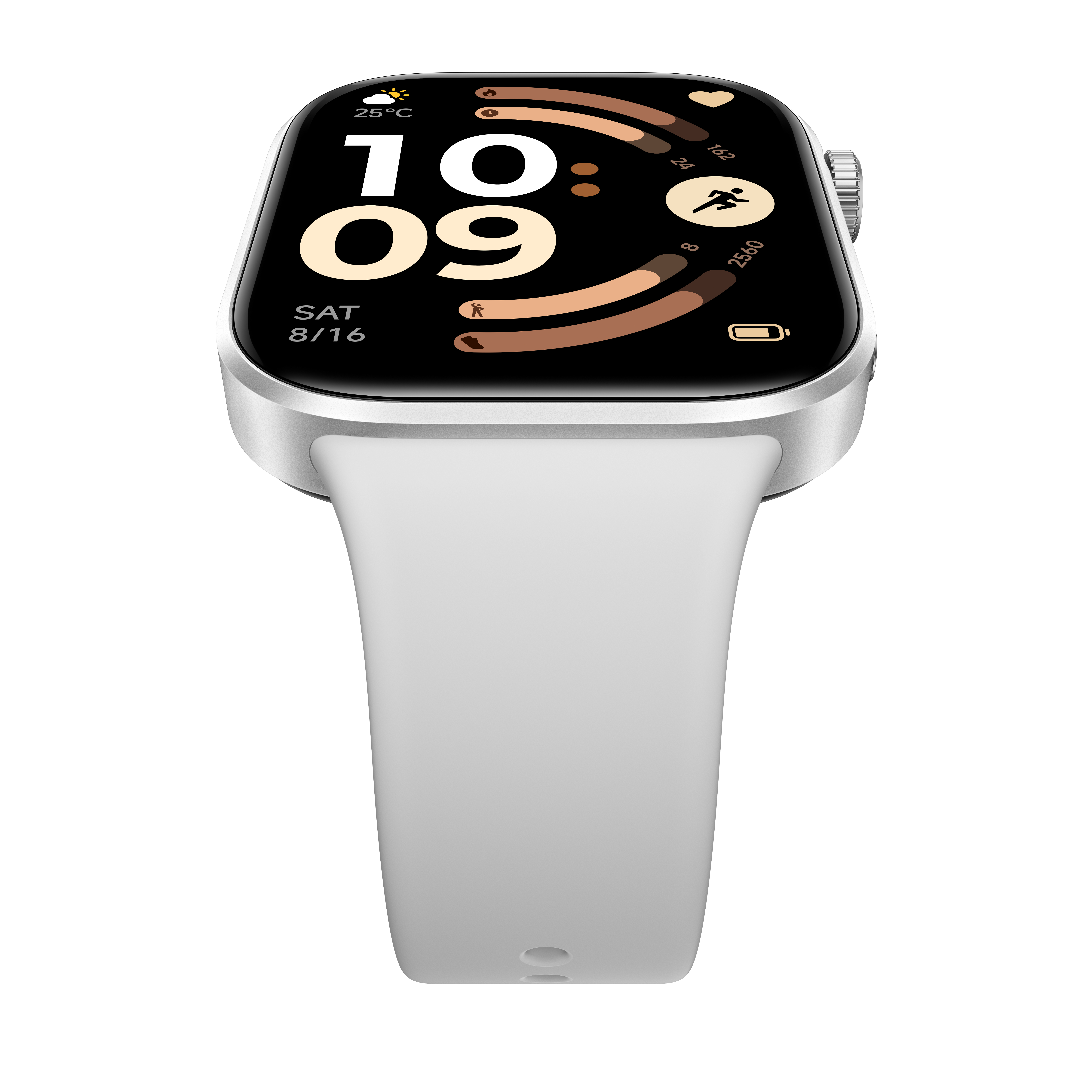 Silberne Smartwatch mit weißem Armband, zeigt Zeit 10:09, Datum und Fitnessdaten.