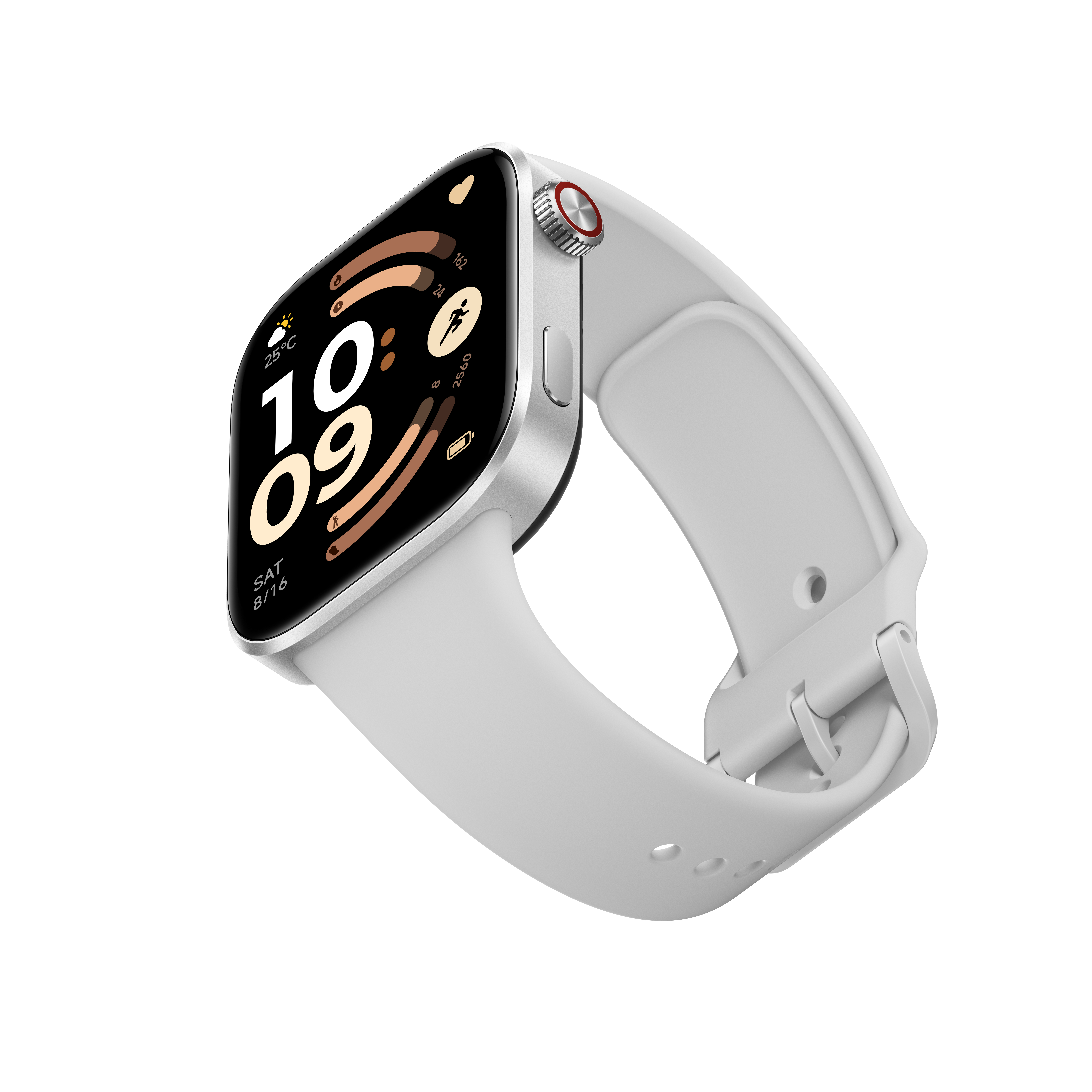 Eine weiße Smartwatch mit silbernem Gehäuse und rotem Zifferblatt.