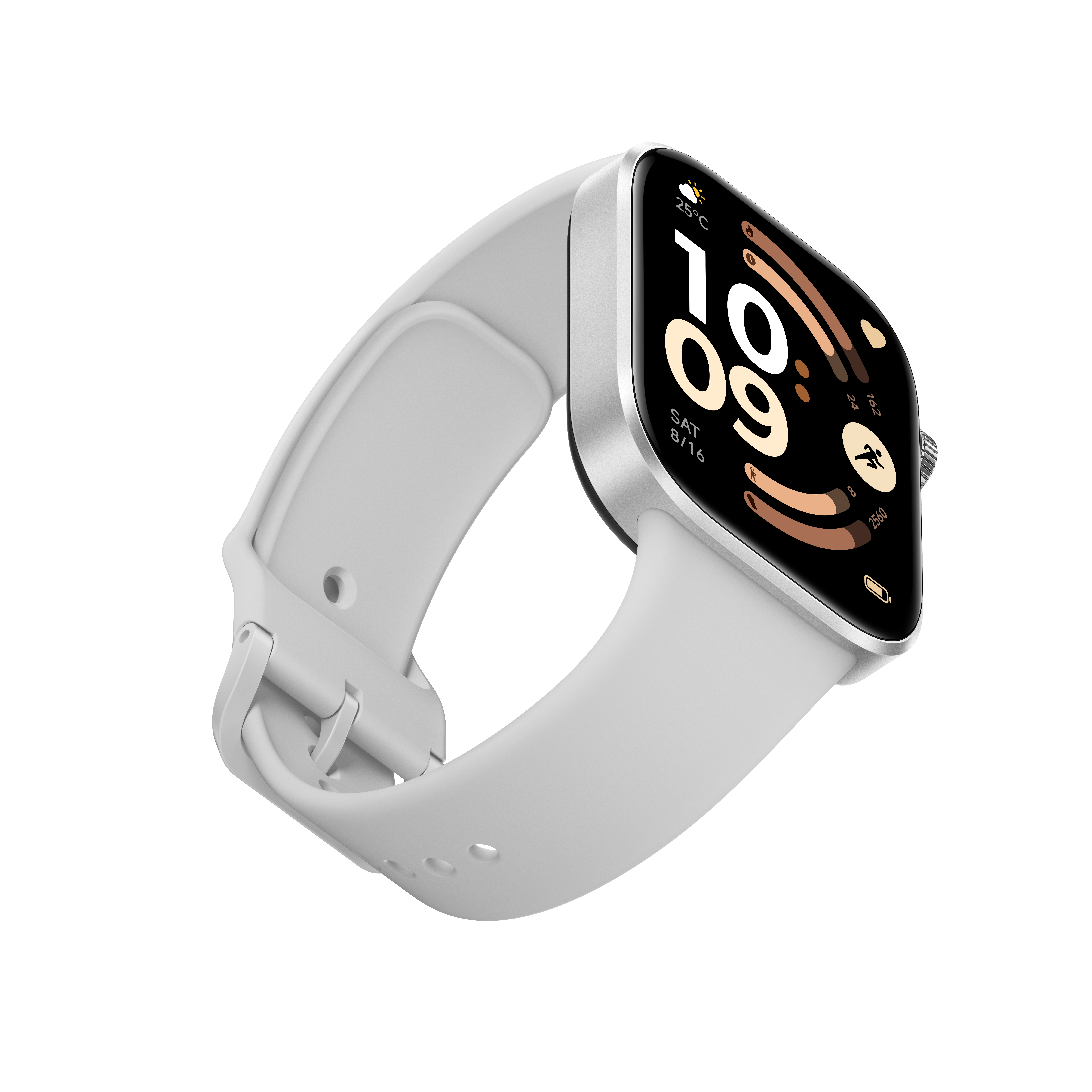 Graue Smartwatch mit silbernem Rahmen und schwarzem Display. Zeit 10:09.