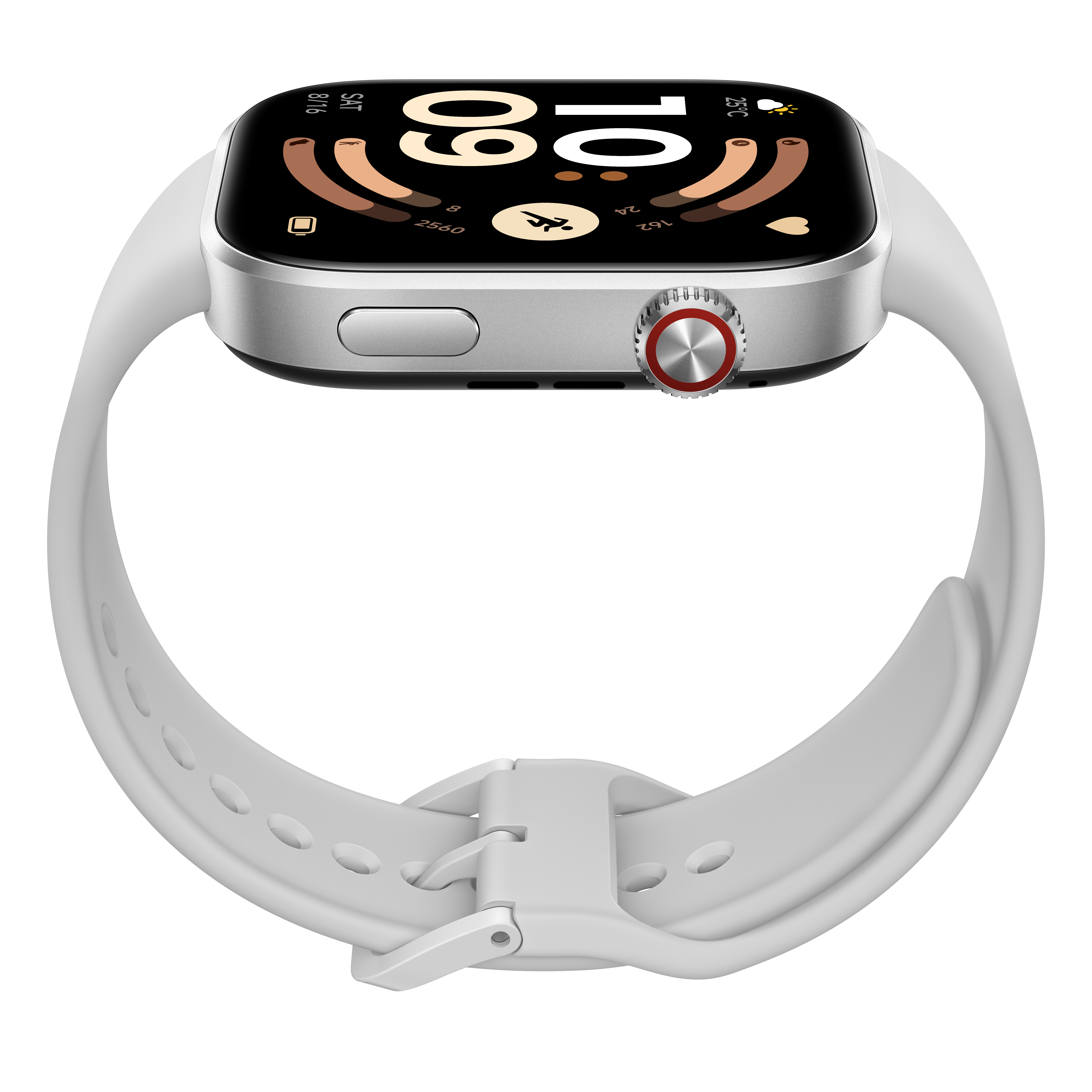 Eine weiße Smartwatch mit silbernem Gehäuse und buntem Display, auf dem die Uhrzeit 10:09 angezeigt wird.