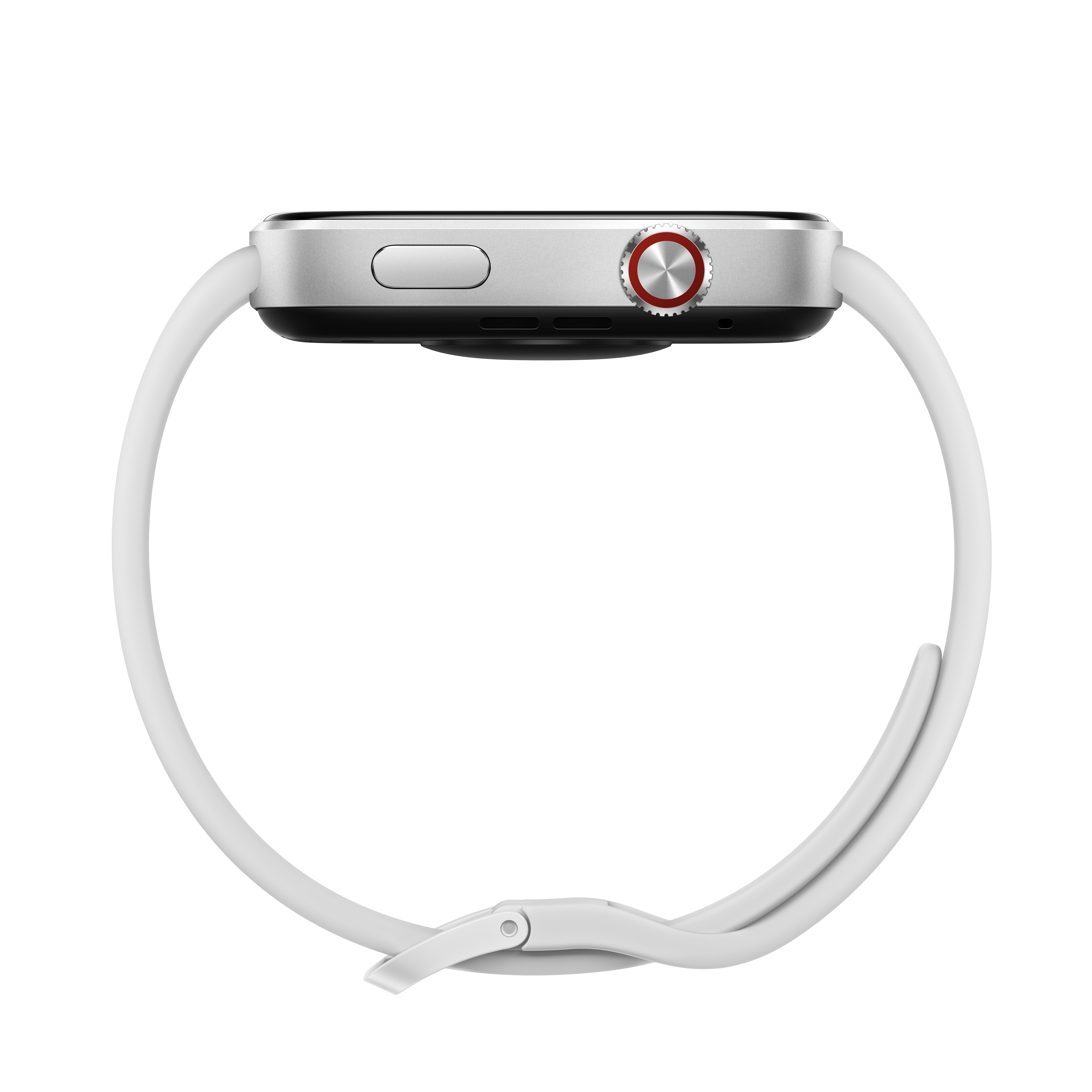 Silberne Smartwatch mit weißem Armband, Seitenansicht mit Krone und Taste.