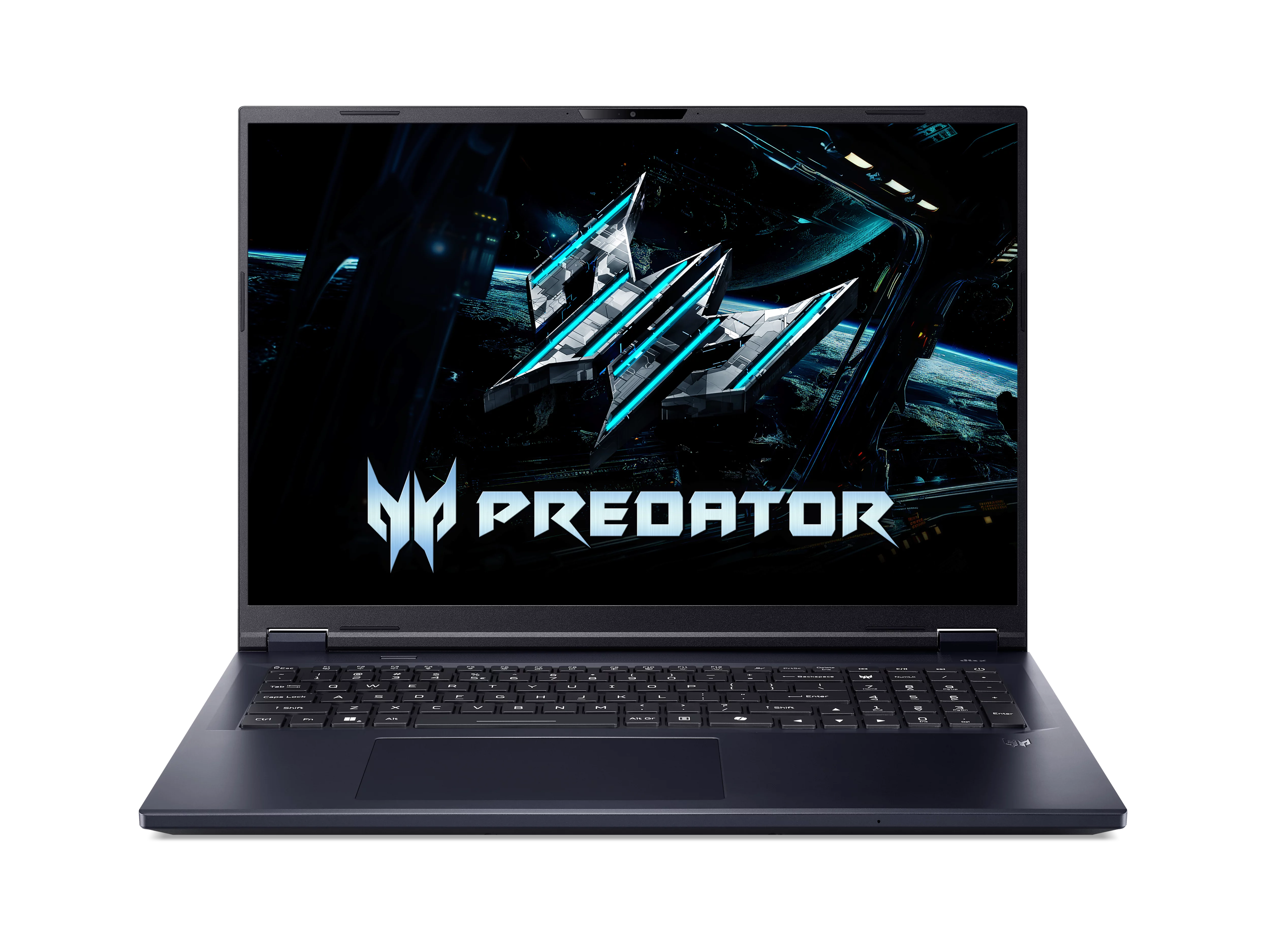 Un ordinateur portable sombre affiche le logo Predator sur fond spatial.