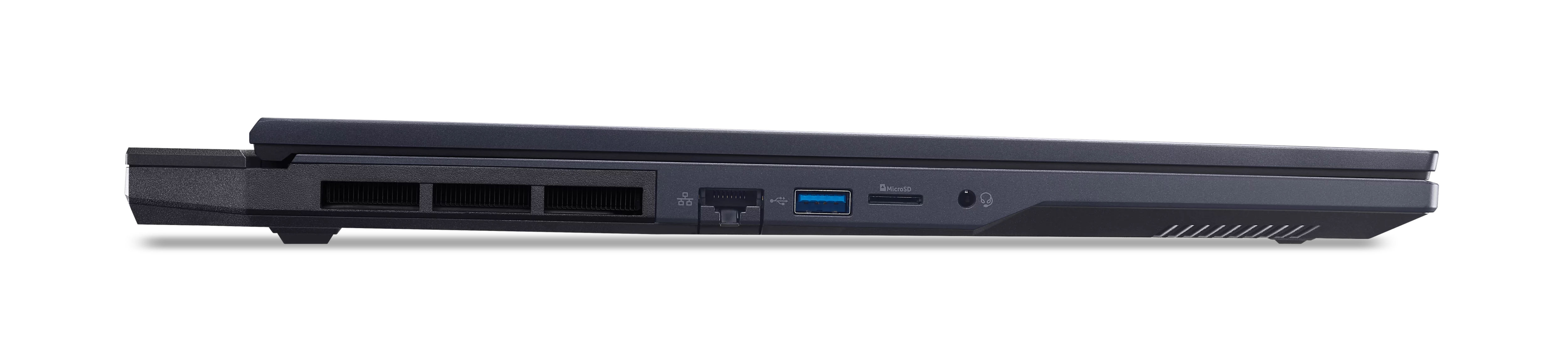 Zone de ports d'ordinateur portable noire avec USB, MicroSD et prise casque.