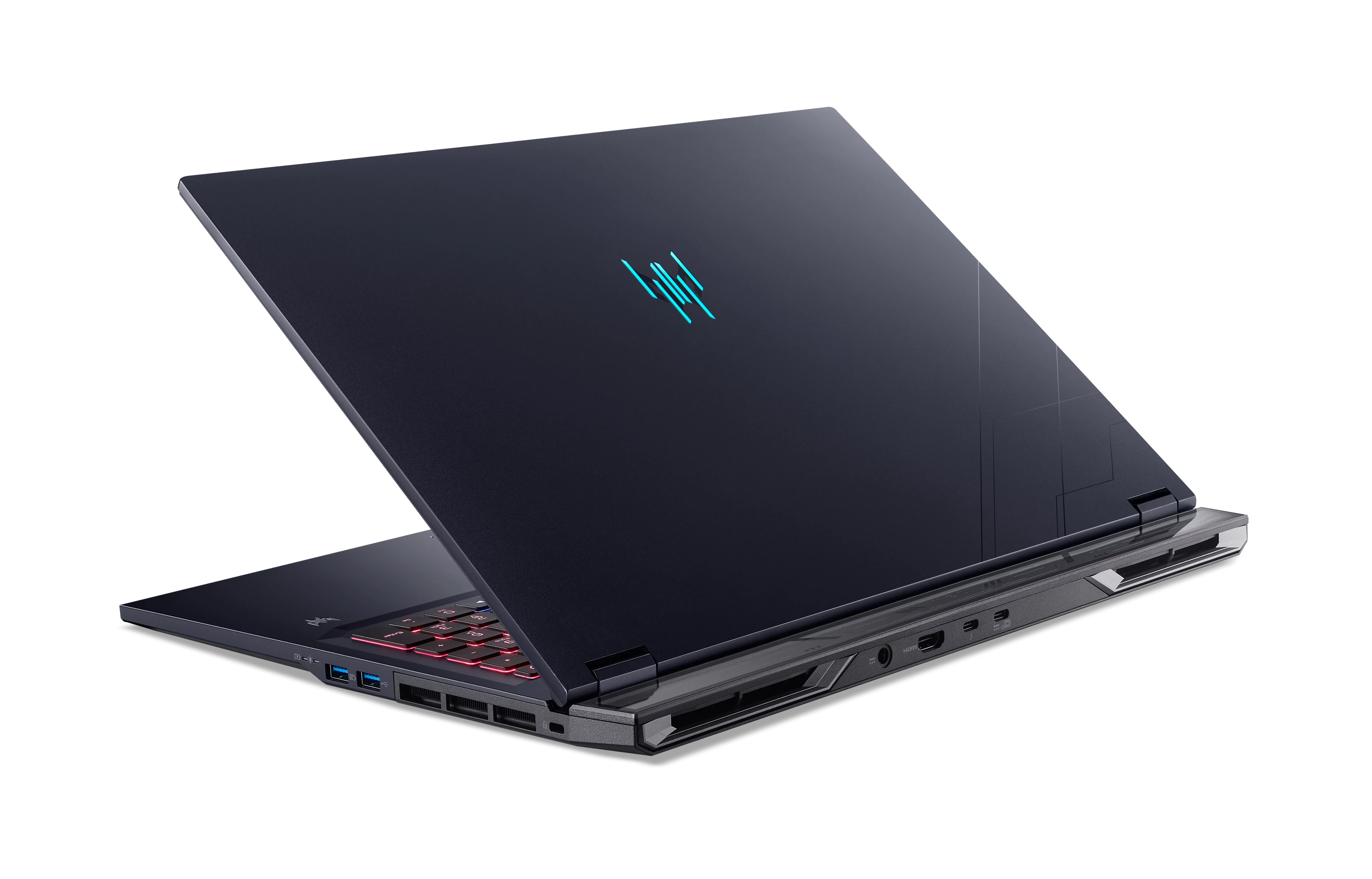 Ordinateur portable bleu foncé avec logo bleu sur le capot et clavier éclairé. Ports visibles.