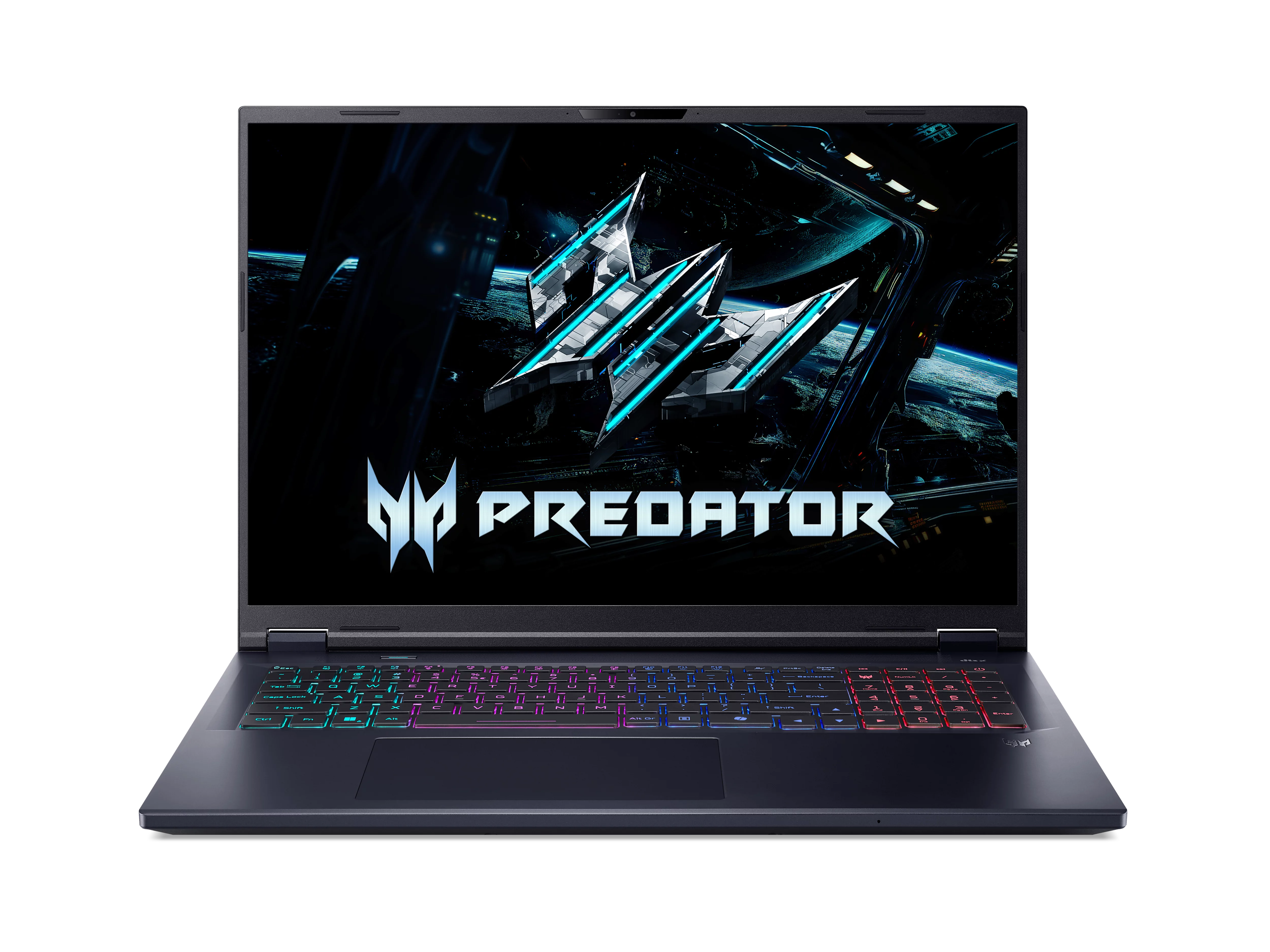 Un ordinateur portable ouvert avec clavier rétroéclairé et logo Predator à l'écran.