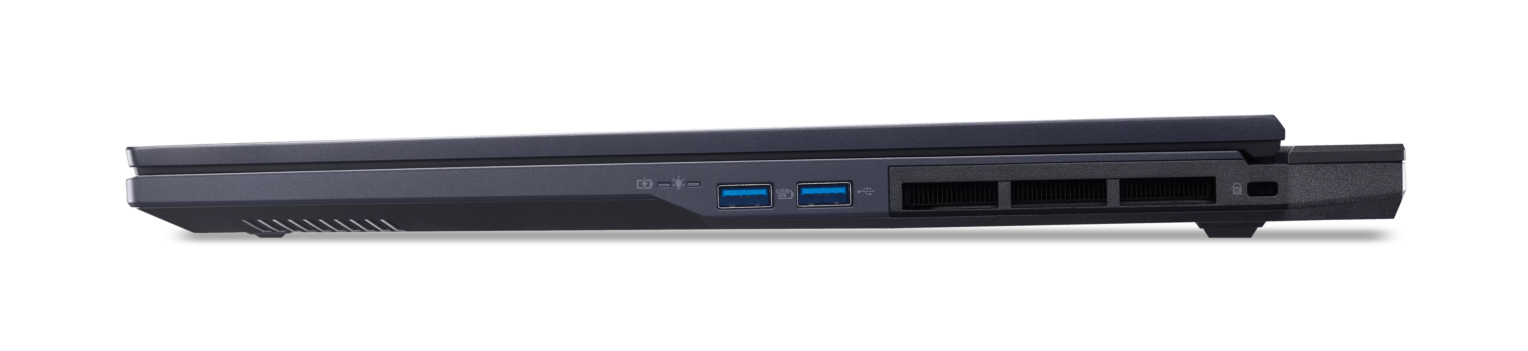 Gros plan des ports d'un ordinateur portable sombre : ports USB, grilles d'aération.