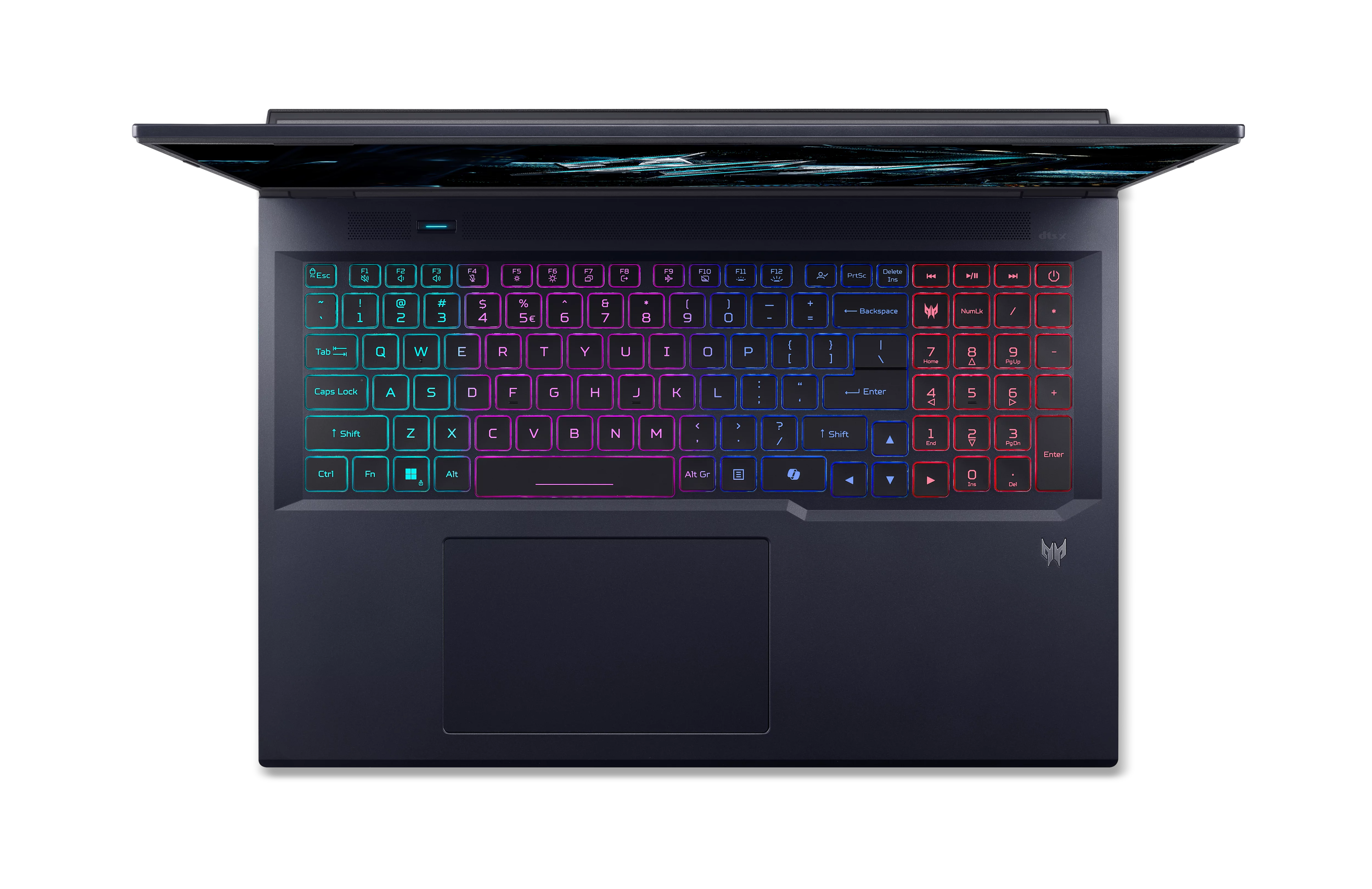 Un ordinateur portable ouvert avec un clavier rétroéclairé bleu, rose et rouge.