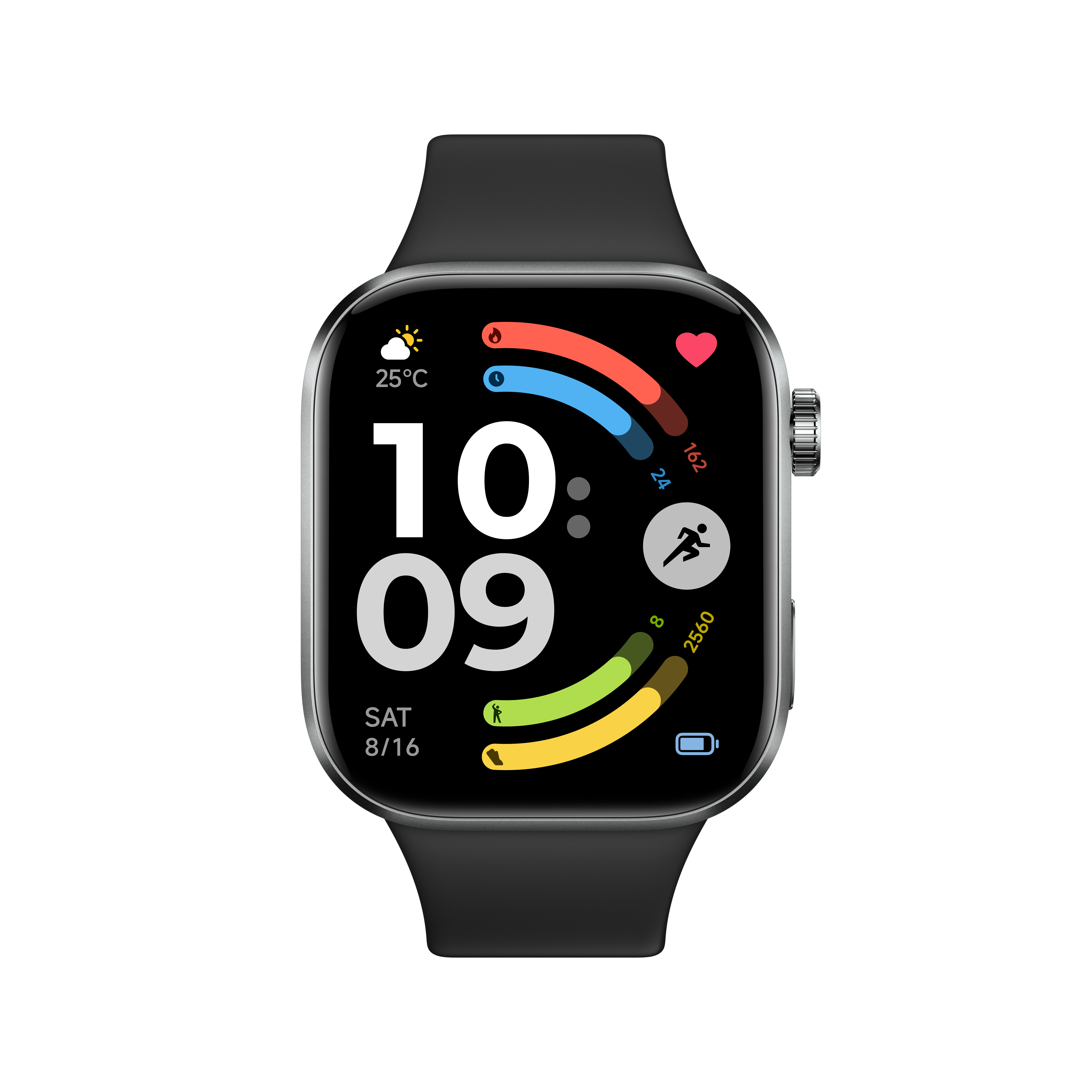 Schwarze Smartwatch mit Herzschlag- und Aktivitätsanzeigen, Zeit 10:09.