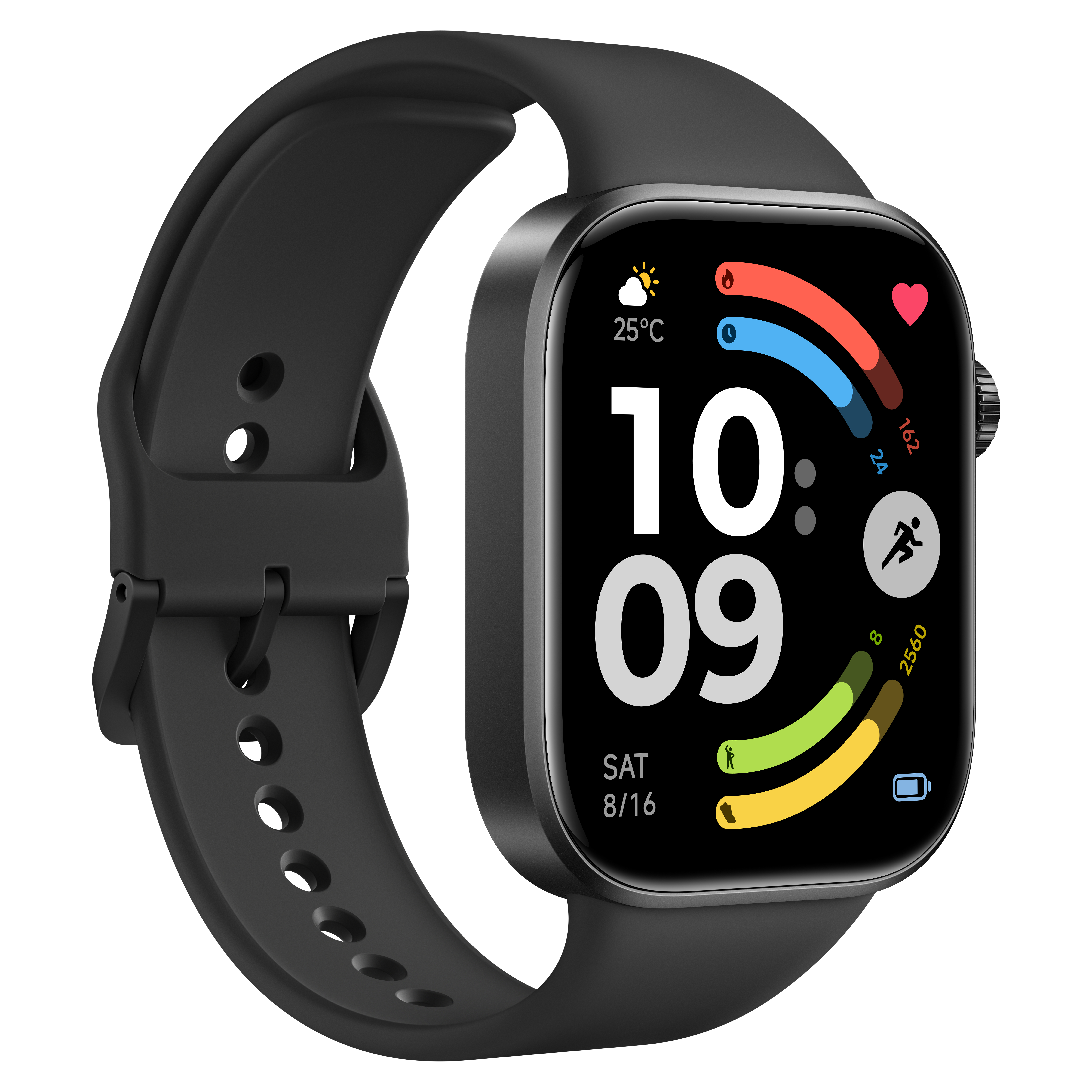 Eine schwarze Smartwatch mit einem großen Display, das 10:09 Uhr anzeigt.