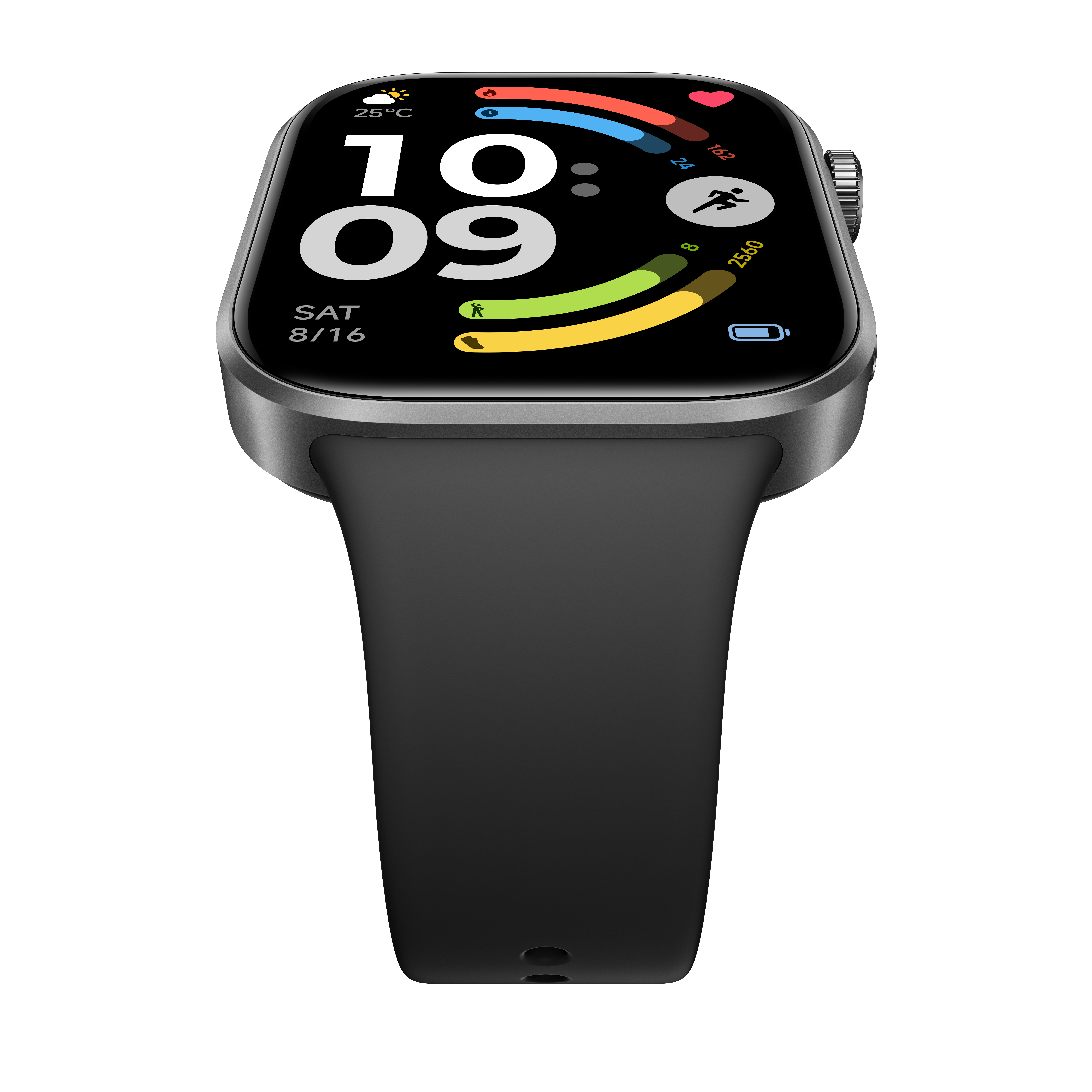 Graue Smartwatch mit schwarzem Armband. Zeigt Zeit, Datum und Aktivitätsdaten an.