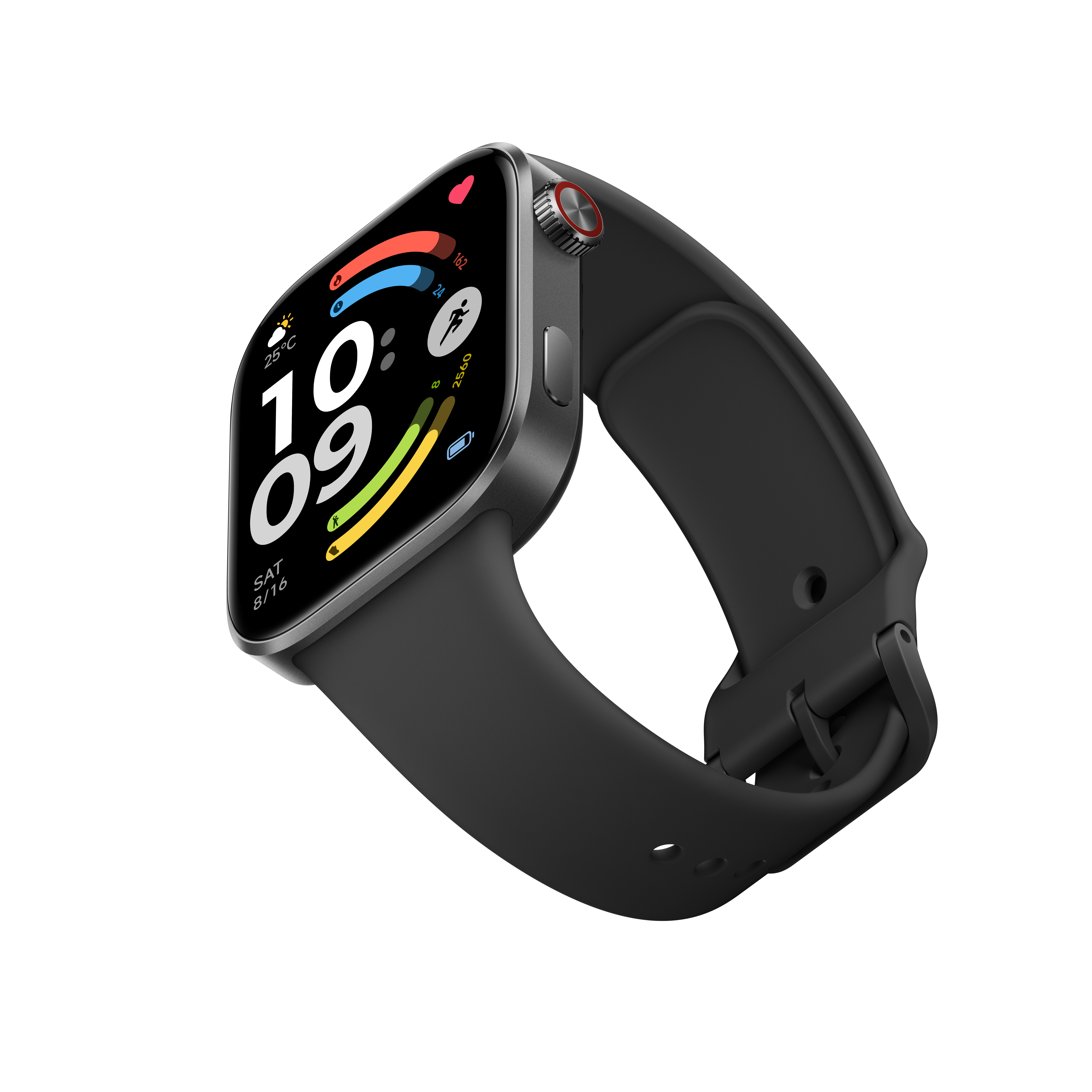 Graue Smartwatch mit schwarzem Armband und Zifferblatt, das die Uhrzeit 10:09 anzeigt.