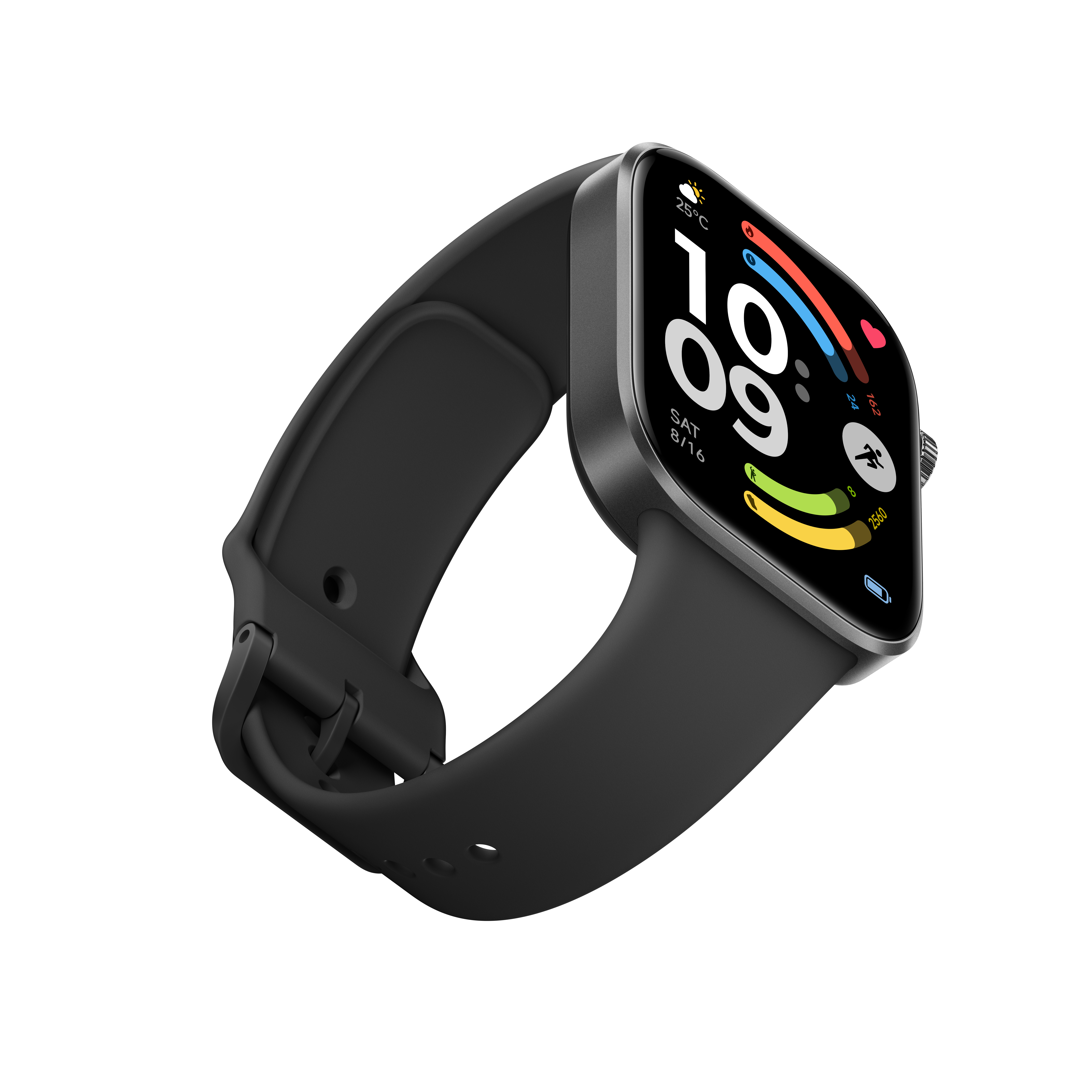 Eine schwarze Smartwatch mit dunklem Armband und einem Display, das die Uhrzeit anzeigt.
