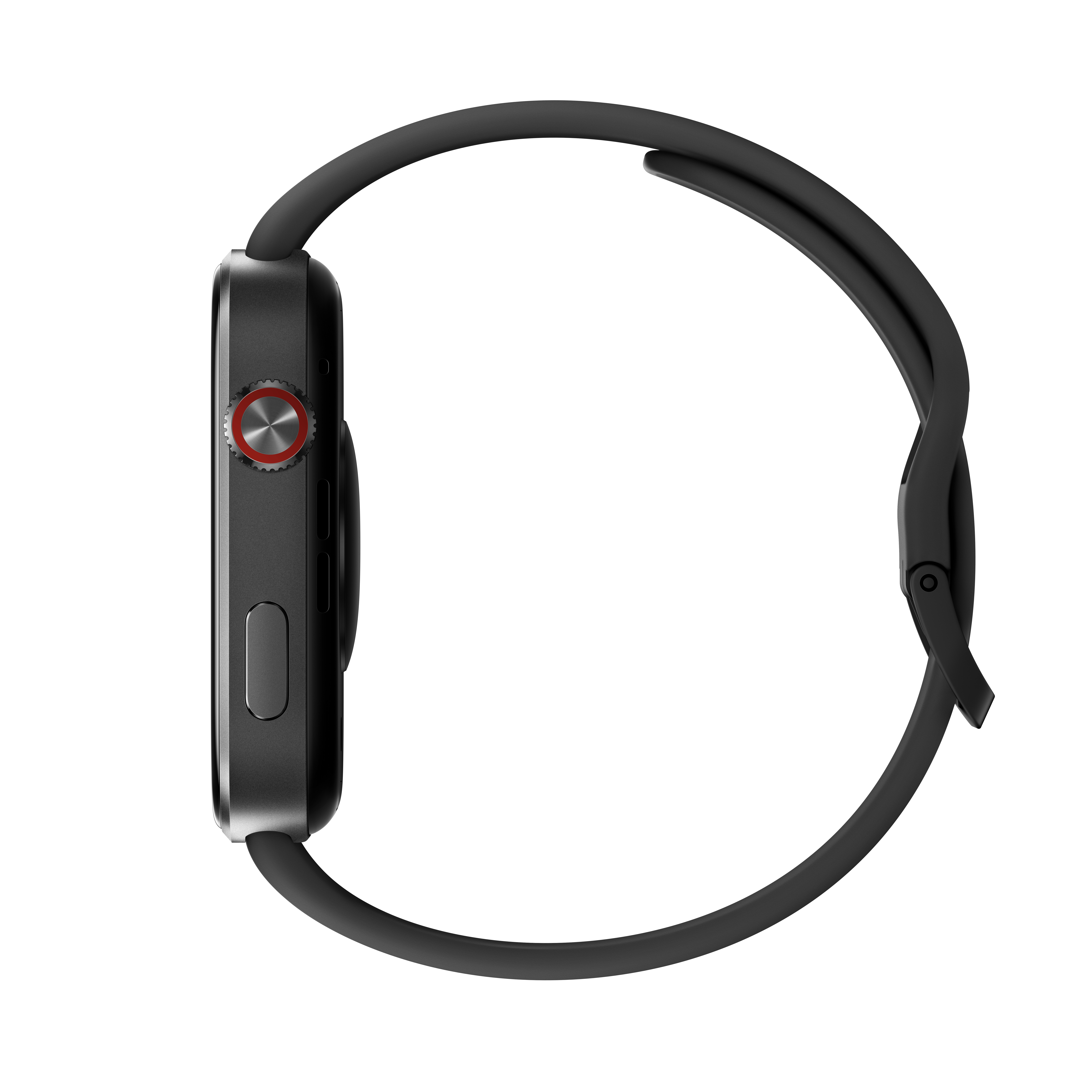 Schwarze Smartwatch mit rotem Ring auf der Krone, Seitenansicht.