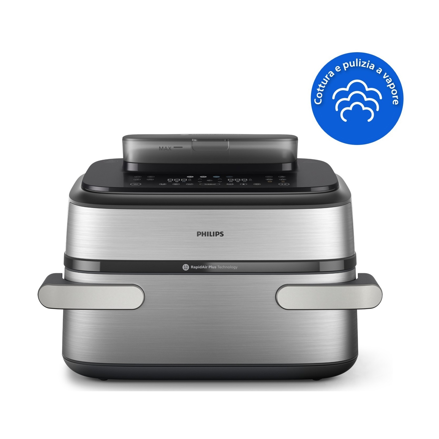 Friggitrice Philips argento con display digitale e simbolo vapore.