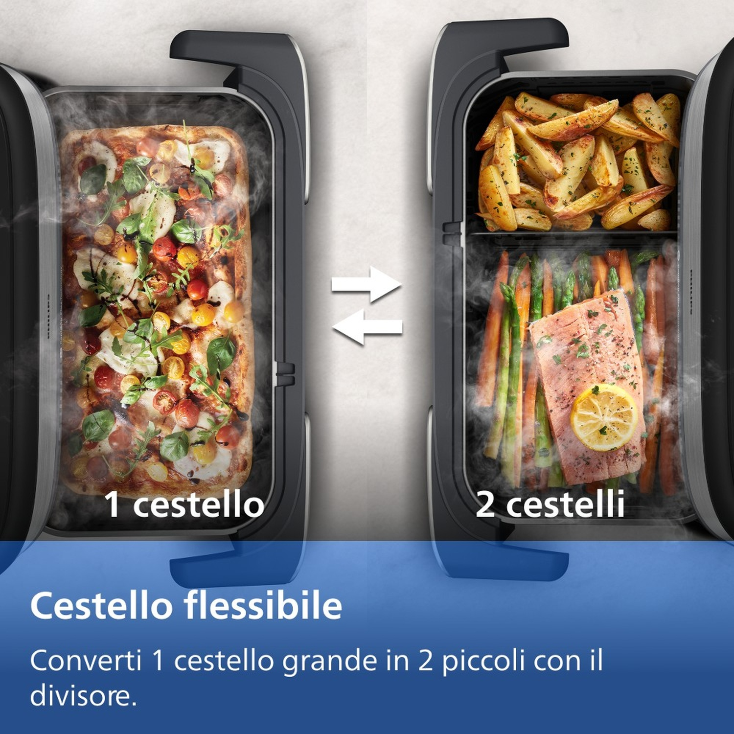 Un cestello con pizza, accanto due cestelli con patatine e salmone.