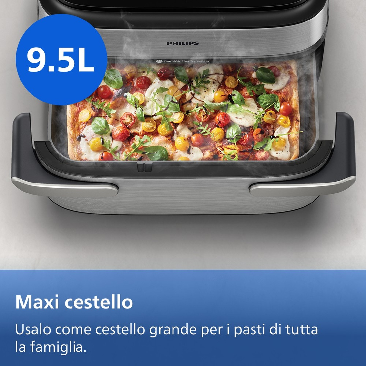 Un cestello grande per friggitrice ad aria con pizza e testo.