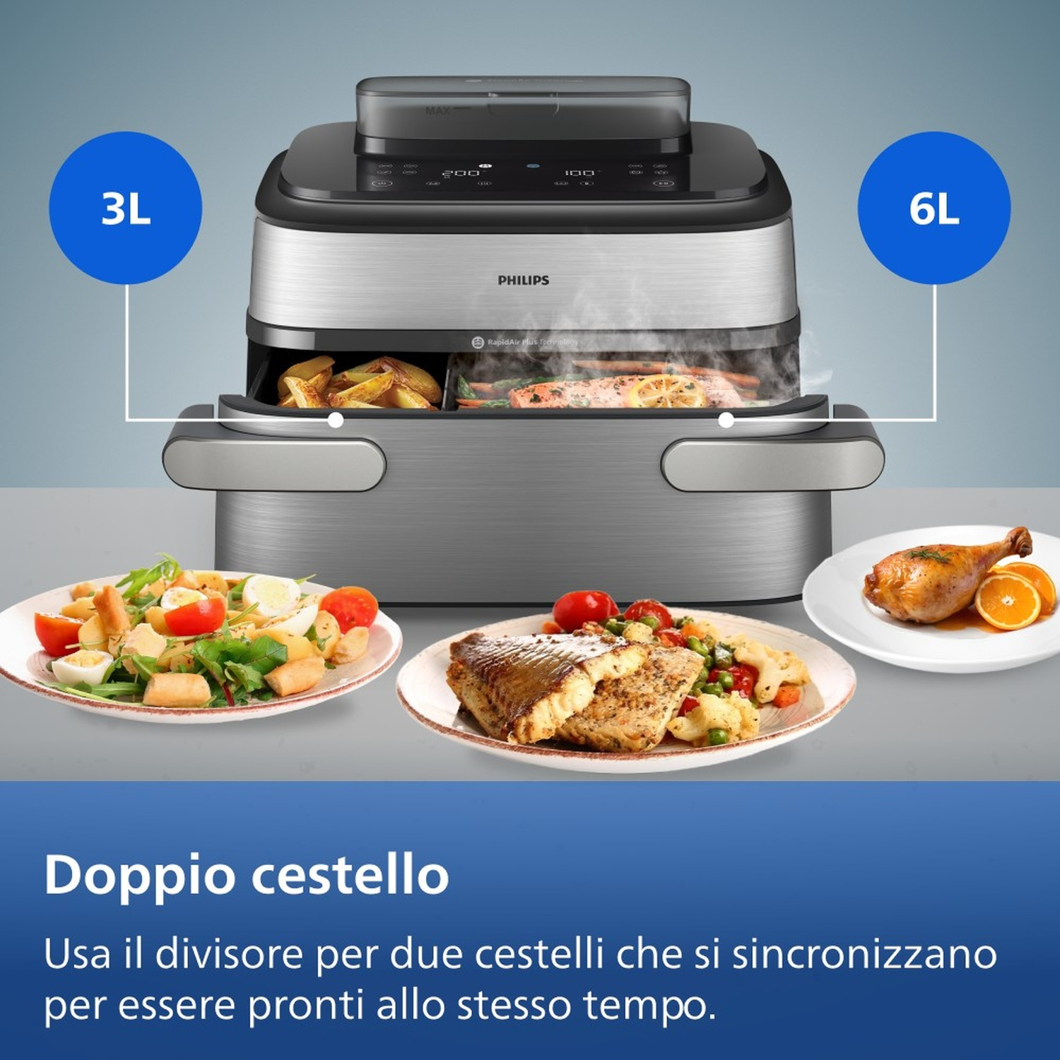 Una friggitrice ad aria Philips con due cestelli, 3L e 6L, e piatti di cibo.