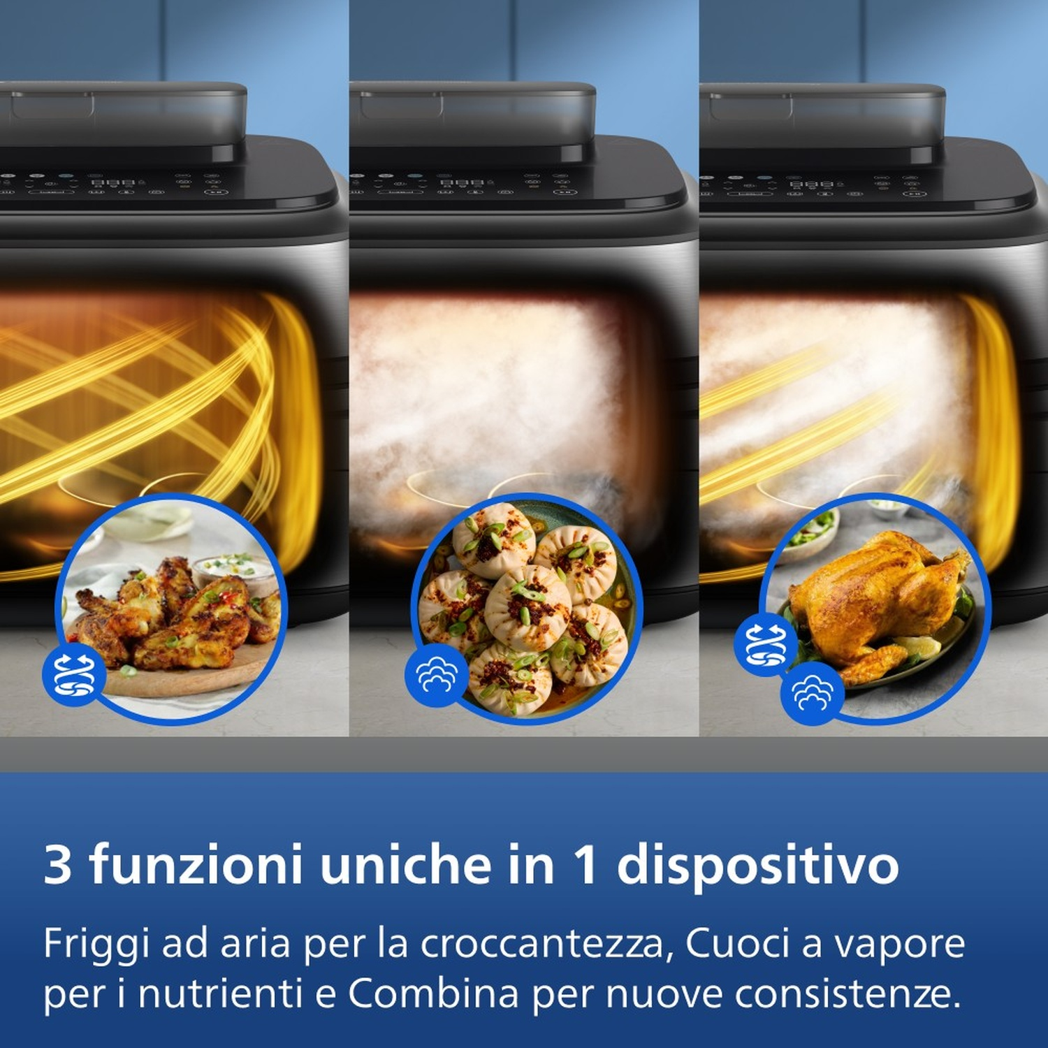 Tre funzioni in un unico dispositivo: friggitrice ad aria, cuocitore a vapore.