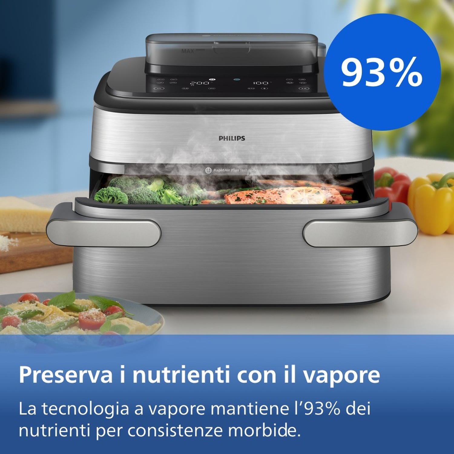Un vaporizzatore Philips con salmone, broccoli e pasta. Mantiene il 93% dei nutrienti.