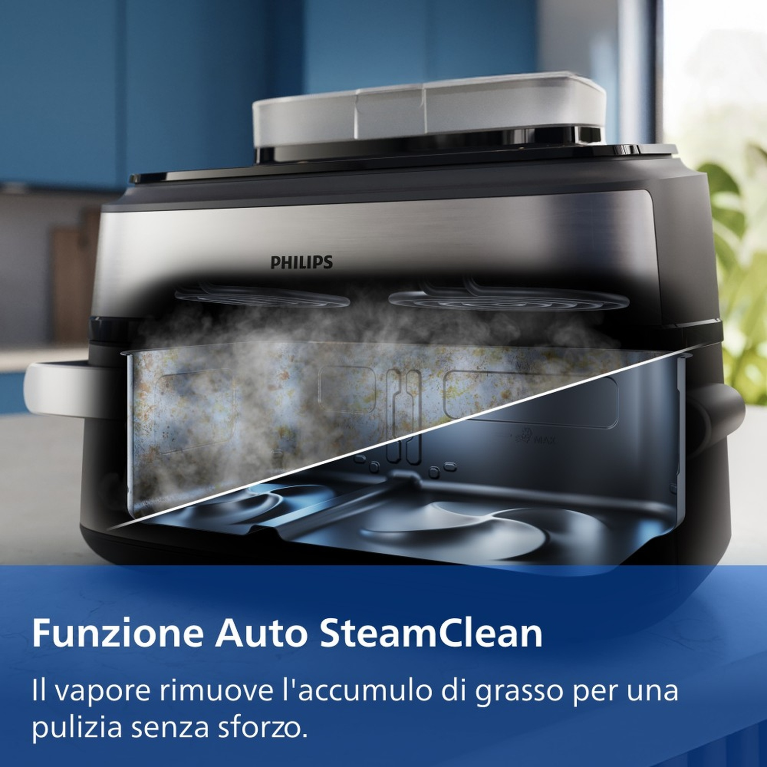 Pulitore a vapore Philips con vapore che rimuove il grasso. Vista interna.