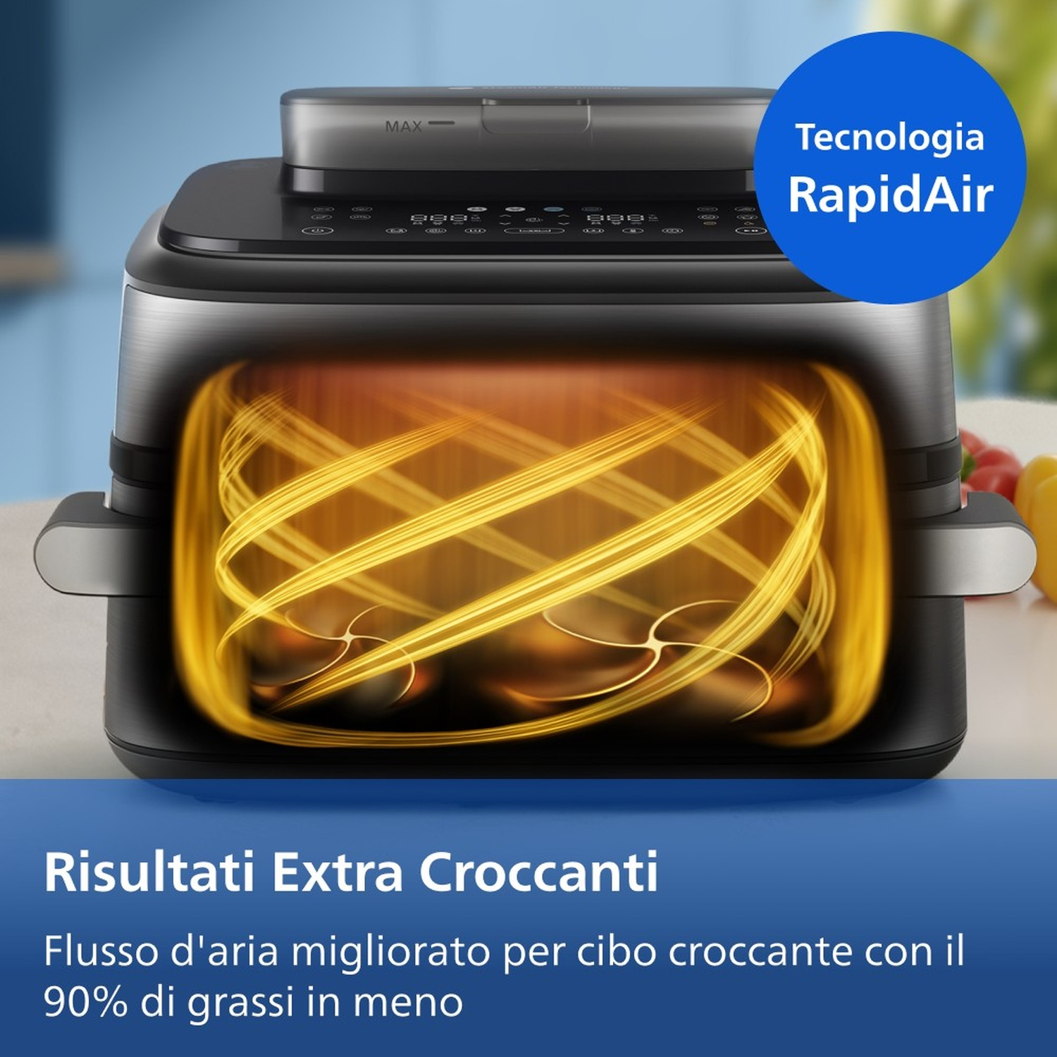 Interno di una friggitrice ad aria con aria calda vorticosa, testo sulla tecnologia.