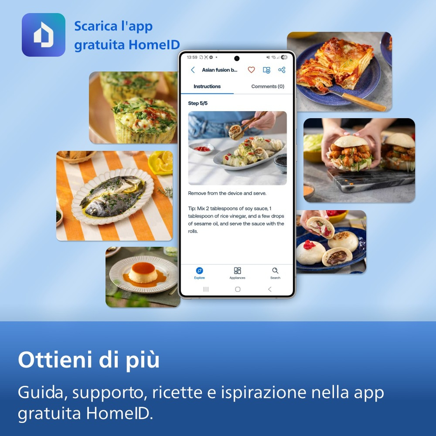 Schermo app con ricette: lasagne, pesce, burger, muffin e budino.