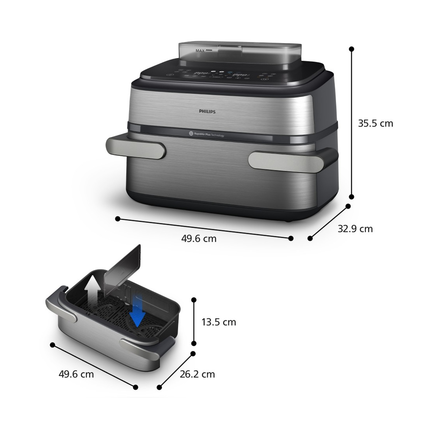 Una friggitrice ad aria Philips argentata con accessori e dimensioni.