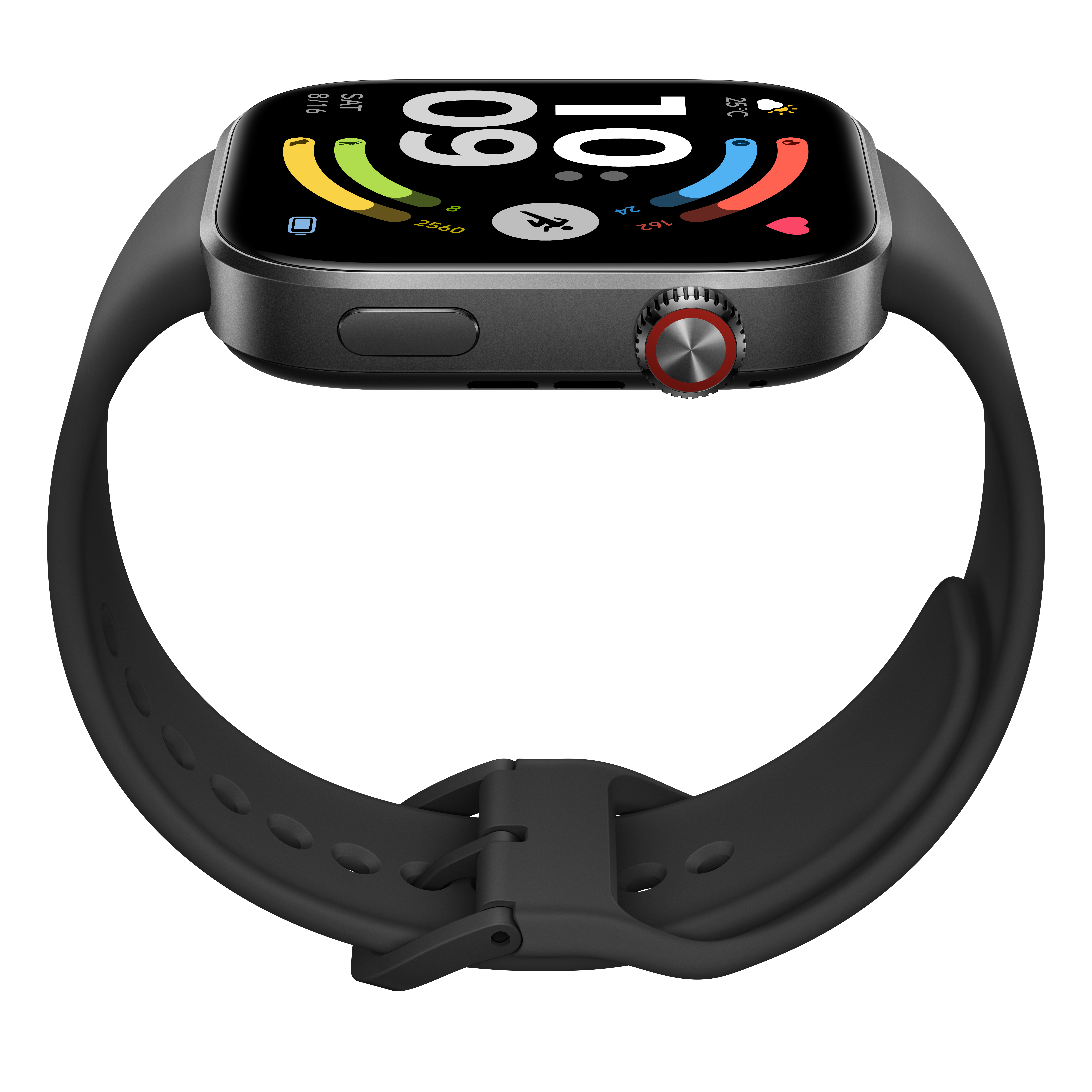 Graue Smartwatch mit schwarzem Armband und einem digitalen Display, das die Zeit anzeigt.