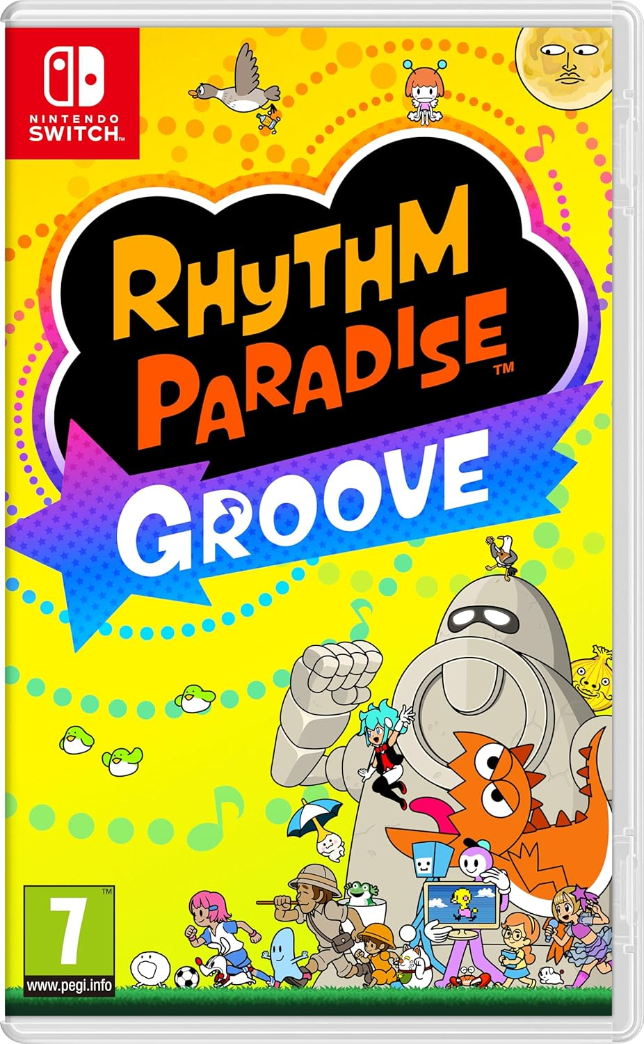 Nintendo Switch játék borító Rhythm Paradise Groove rajzfilmfigurákkal.