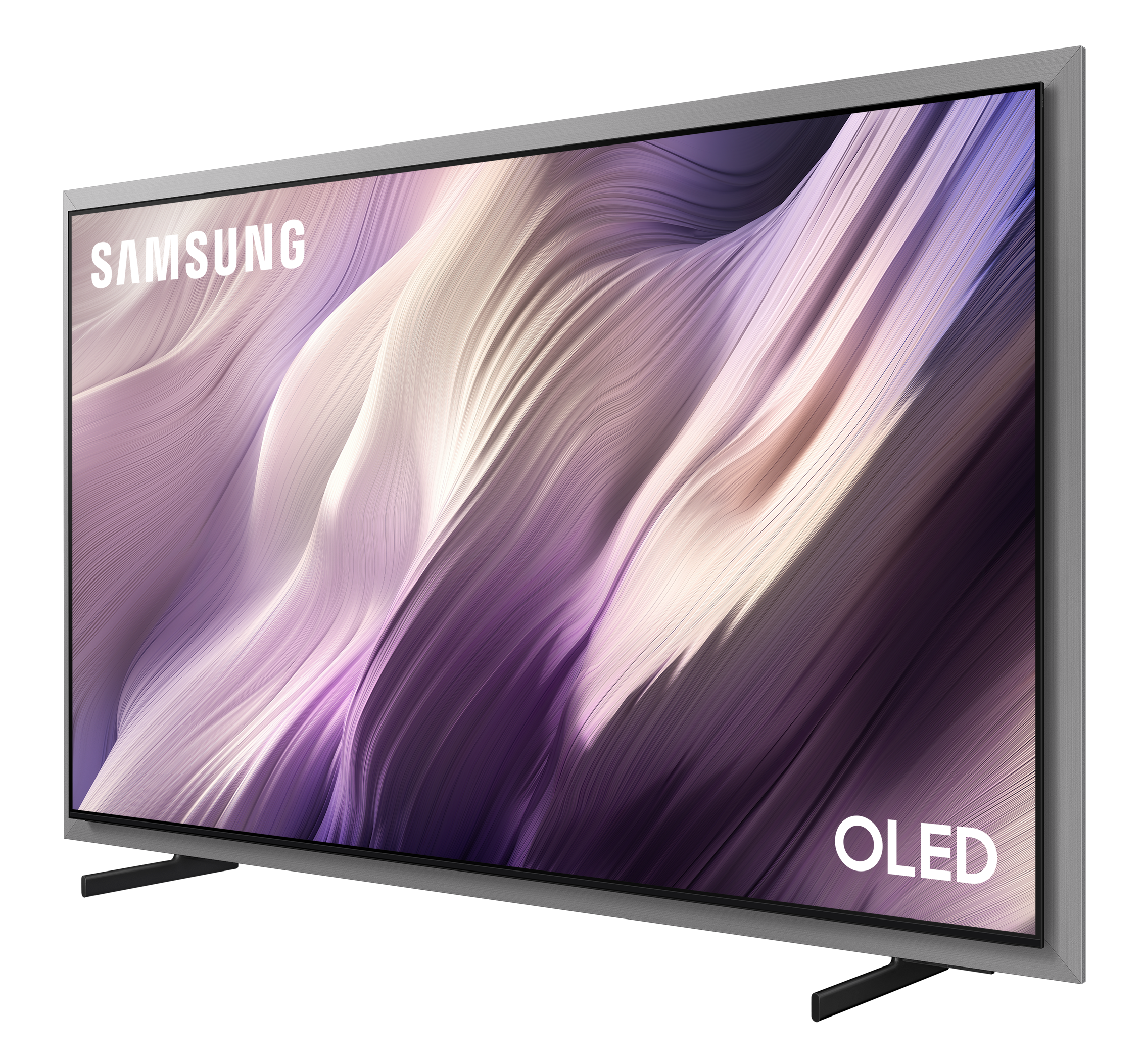 Telewizor Samsung OLED wyświetla abstrakcyjne, płynne tło w odcieniach fioletu i beżu.