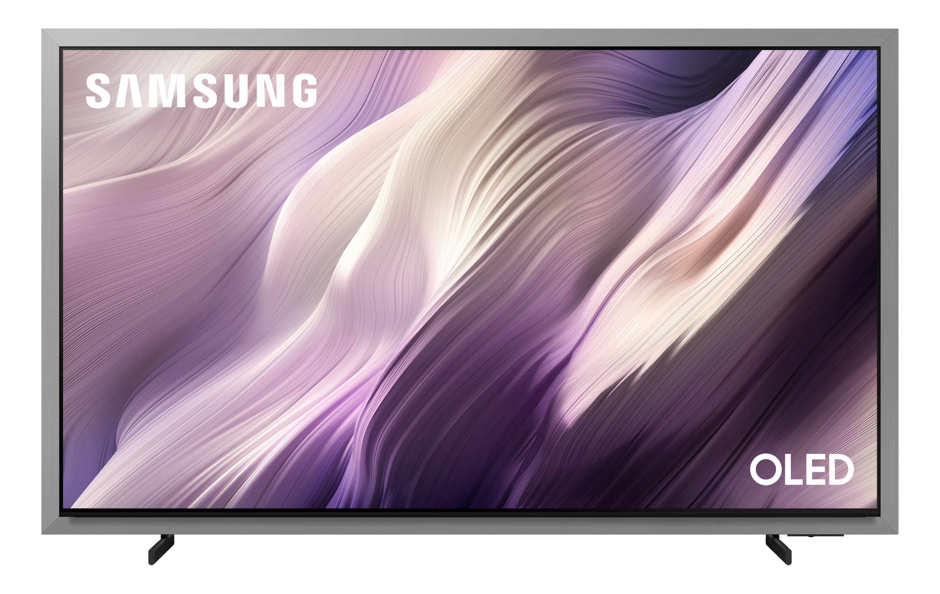 Telewizor Samsung OLED z abstrakcyjnym wzorem fal w kolorze fioletowym i białym.