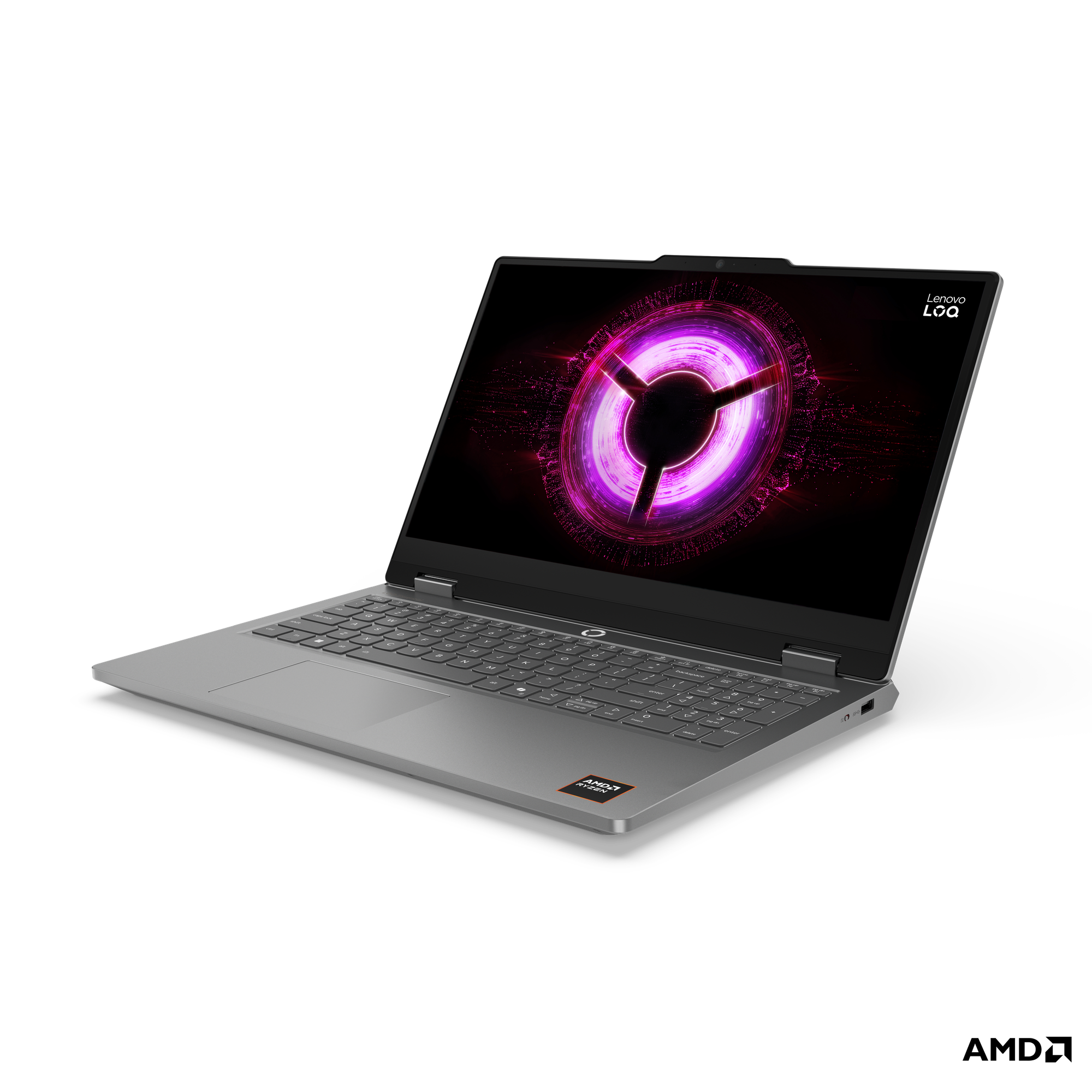 Gümüş rengi dizüstü bilgisayar, ekranda pembe ve mor dairesel grafik. AMD Ryzen logosu.