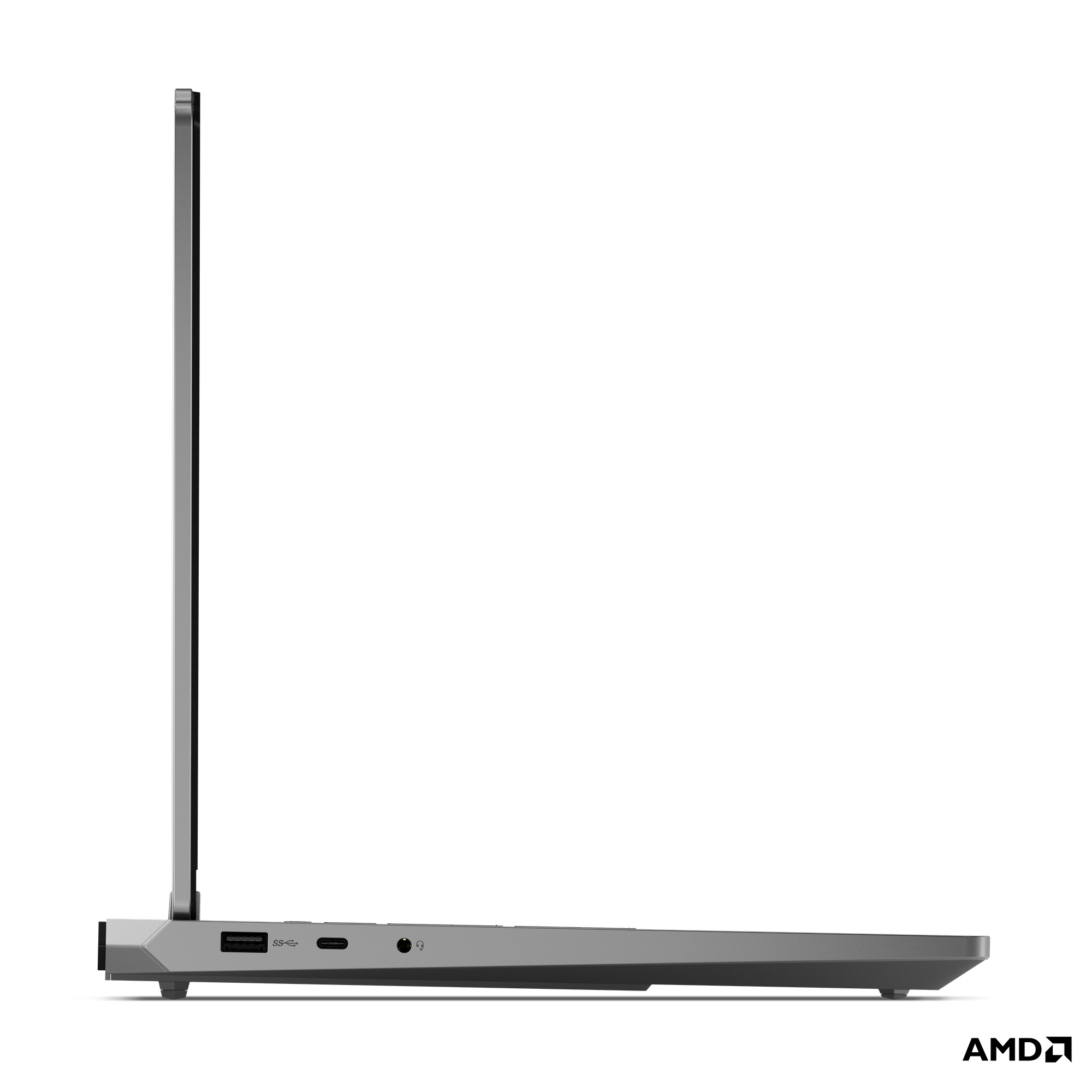 USB-A, USB-C bağlantı noktaları ve kulaklık jakı gösteren gri dizüstü profili.