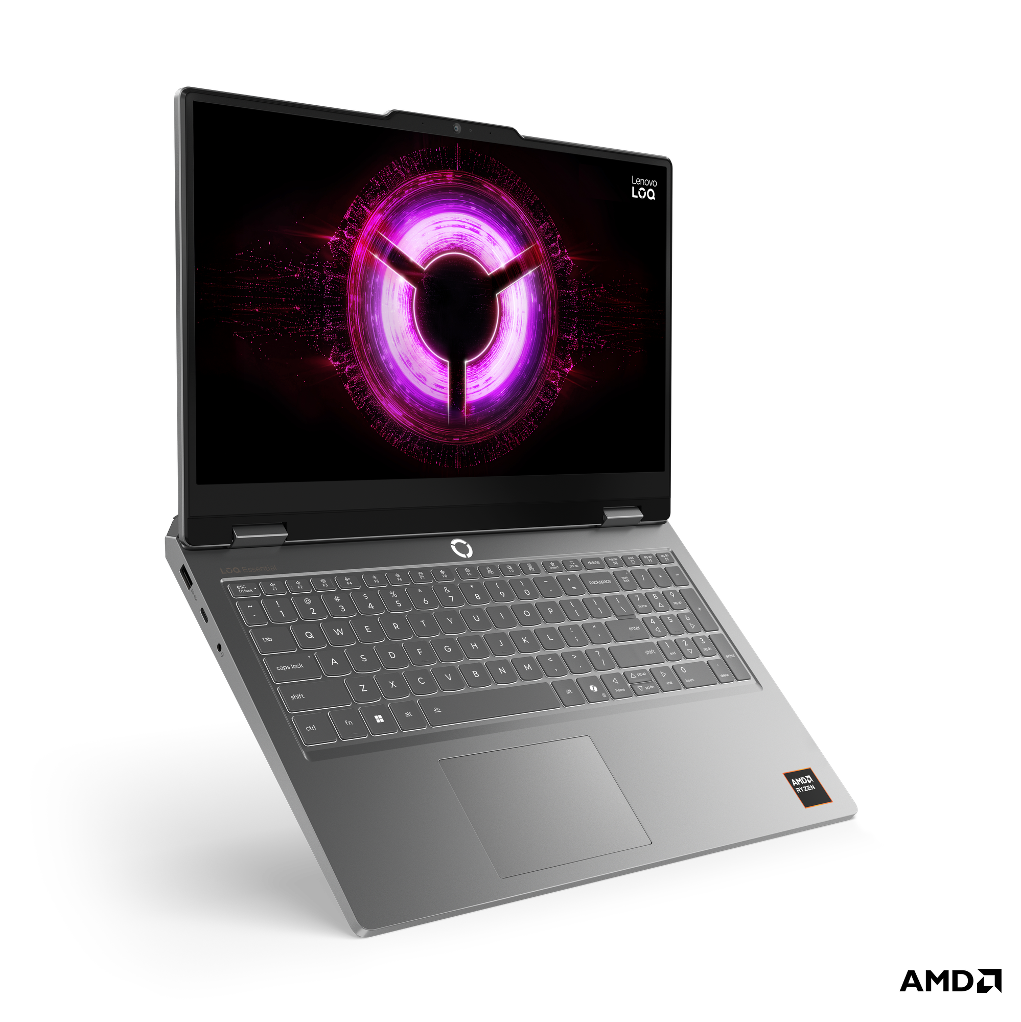 Ekranında canlı mor grafik bulunan gümüş Lenovo dizüstü bilgisayar.