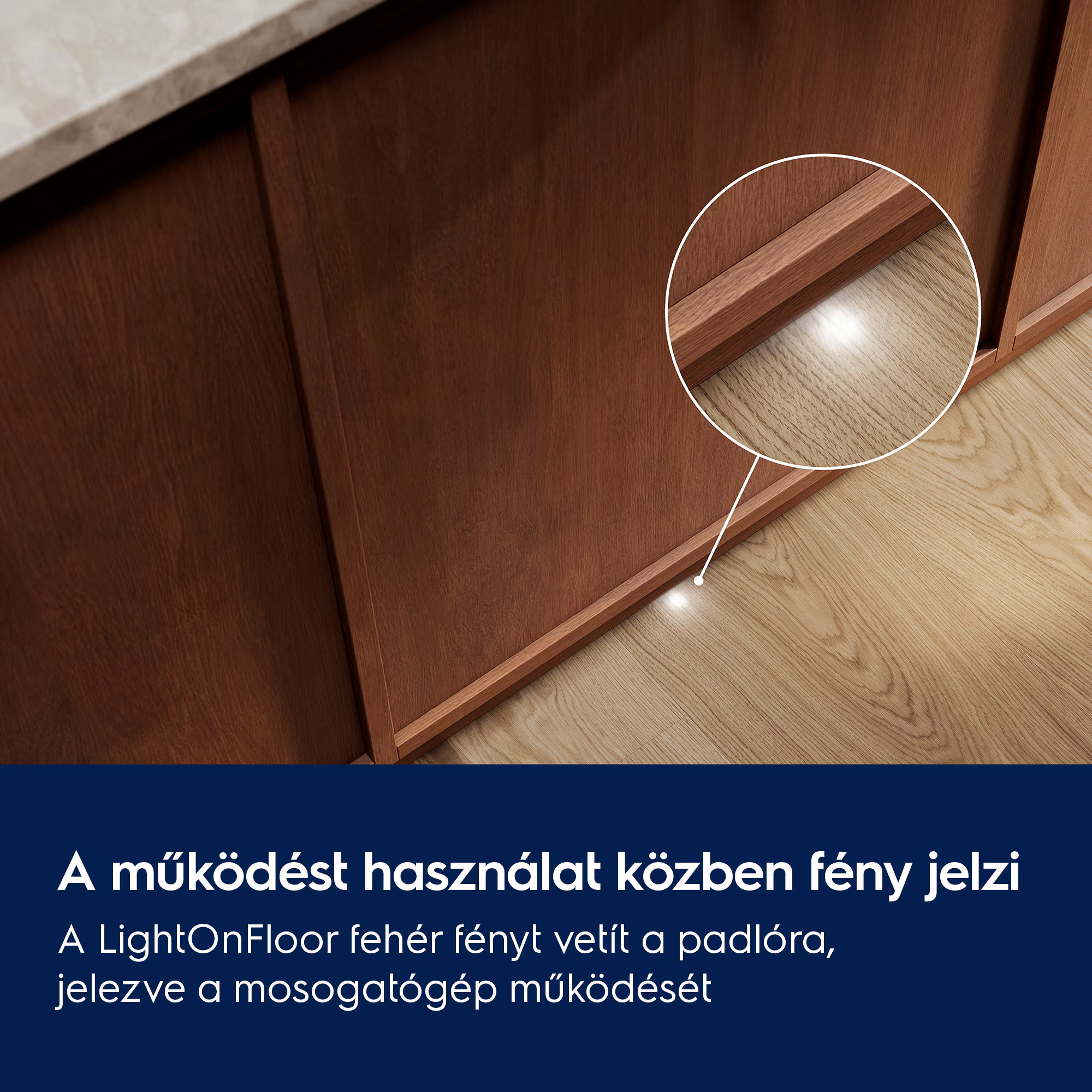 Fából készült szekrénypalasz indikatív fehér fényjelzéssel a padlón.