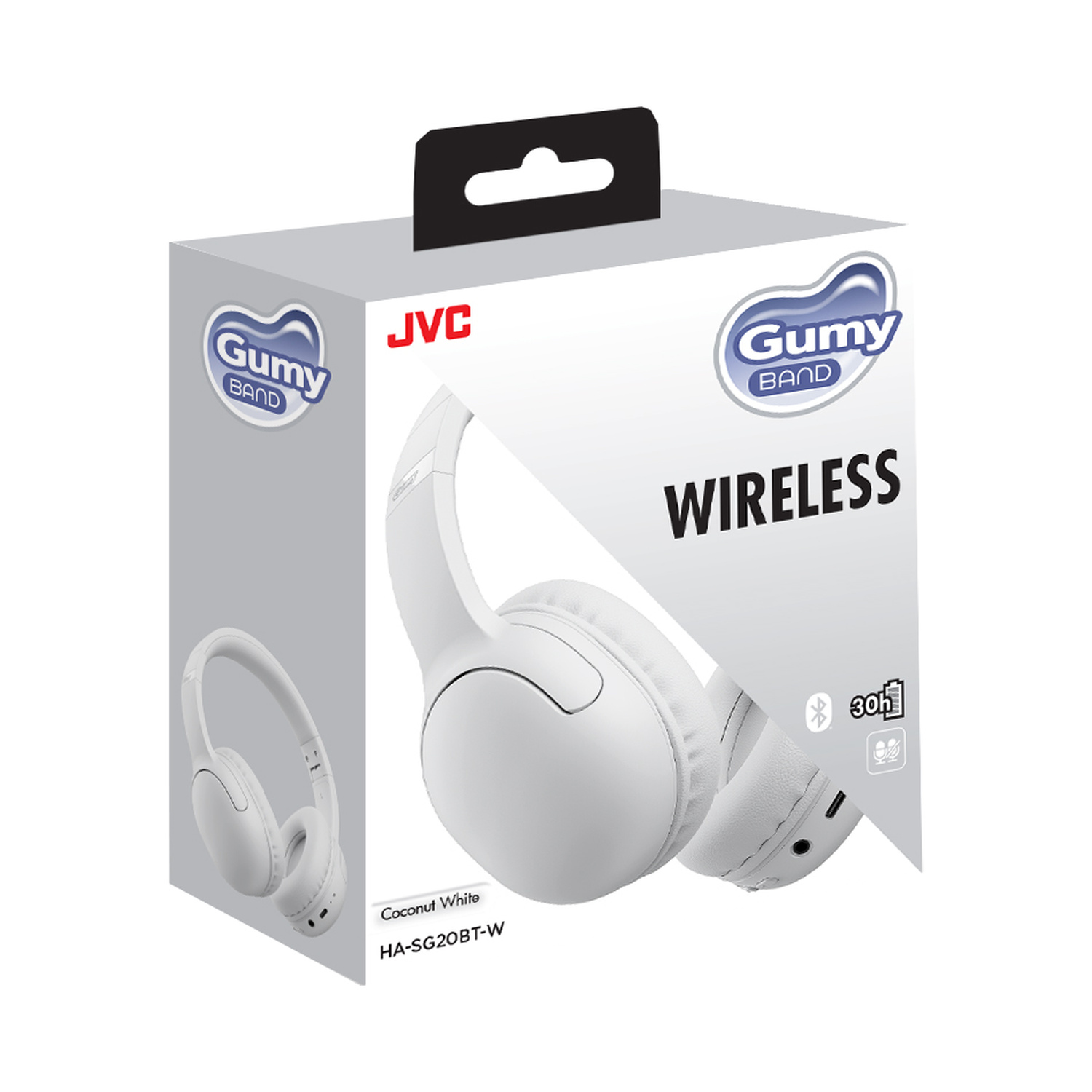 Cuffie wireless JVC Gummy Band bianche su una scatola. Coconut White HA-SG20BT-W.
