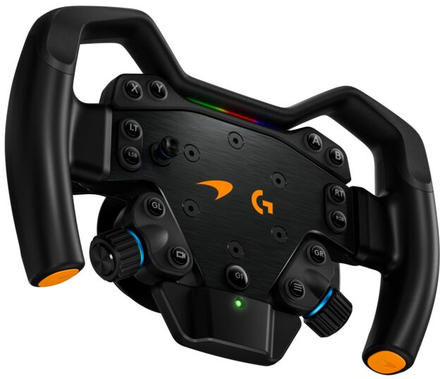 Fekete Logitech G McLaren versenykormány narancssárga díszítéssel és gombokkal.