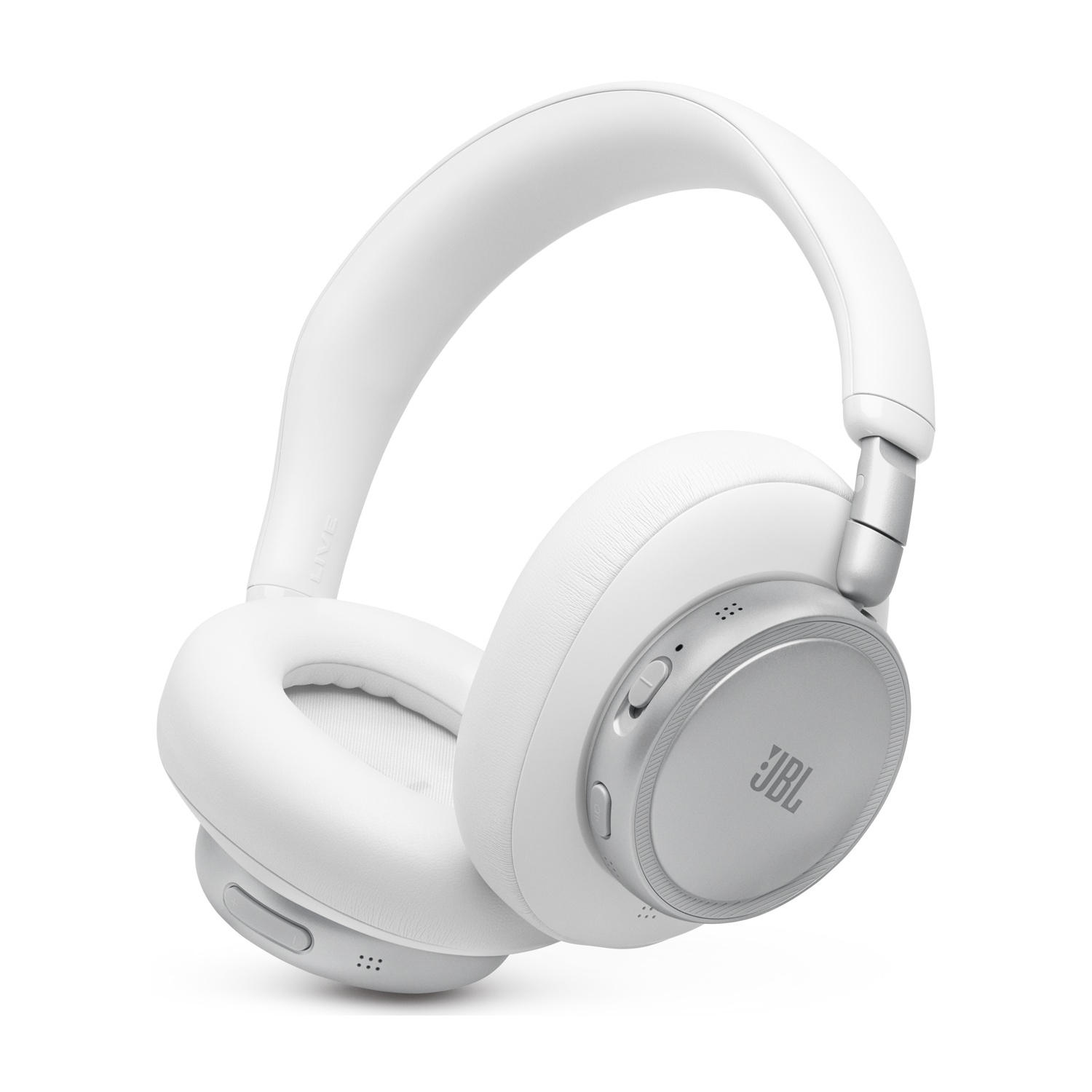 Cuffie JBL bianche con accenti argentati, su sfondo bianco.