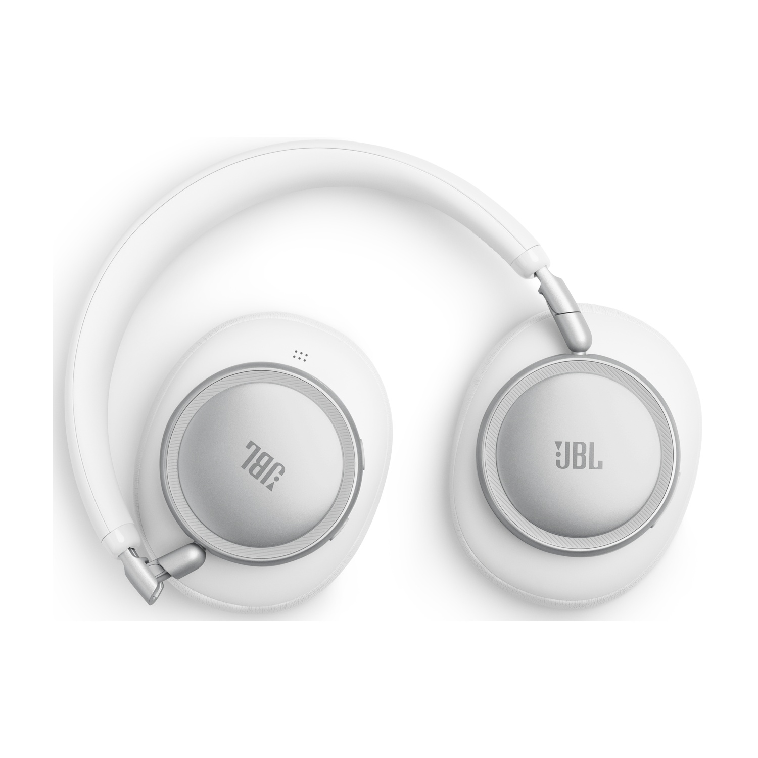 Un paio di cuffie JBL bianche con accenti argentati e dettagli circolari.